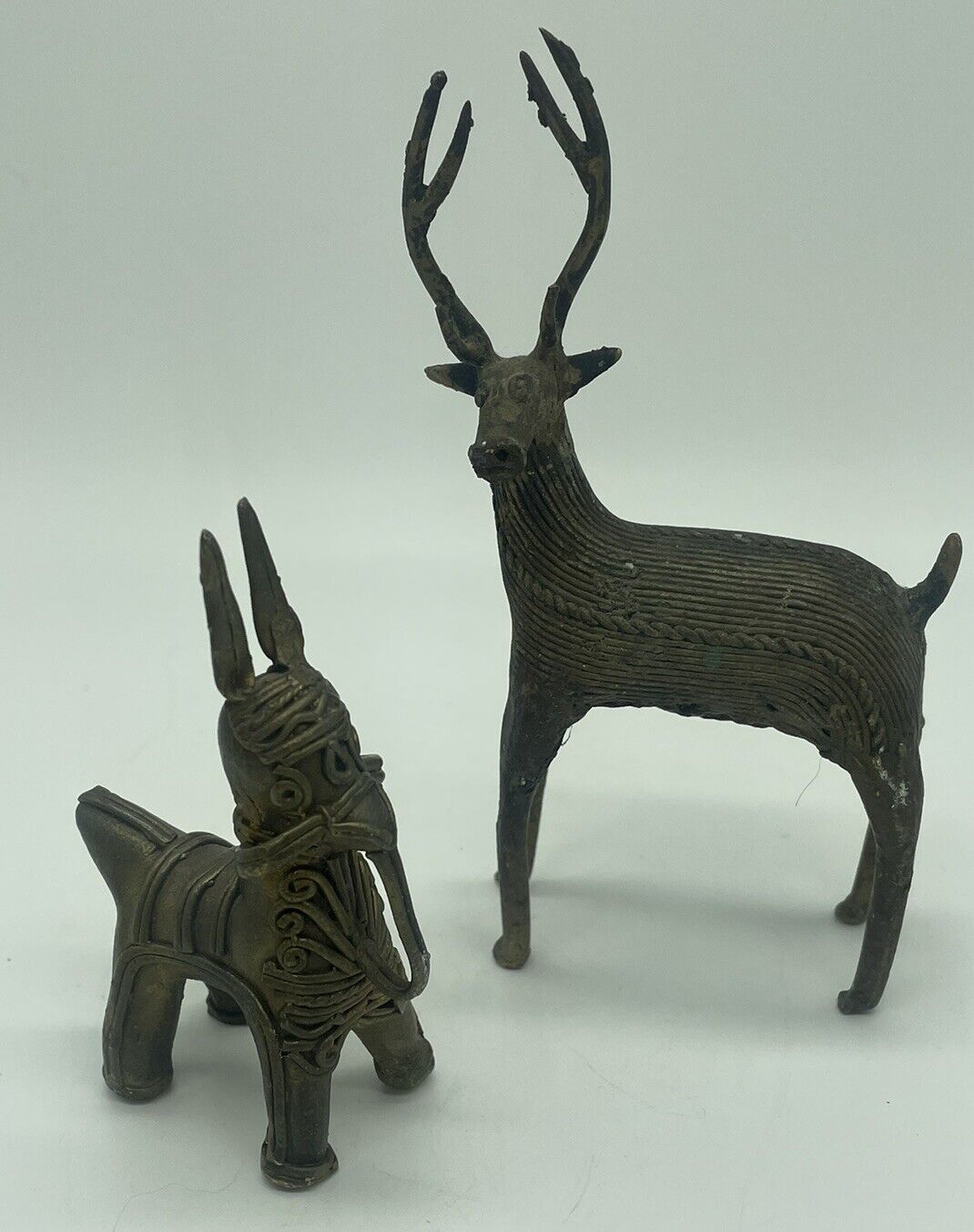 Lot Of Two Antique Brass Tribal Animals Deer & Horse Donkey Intricate Figurines