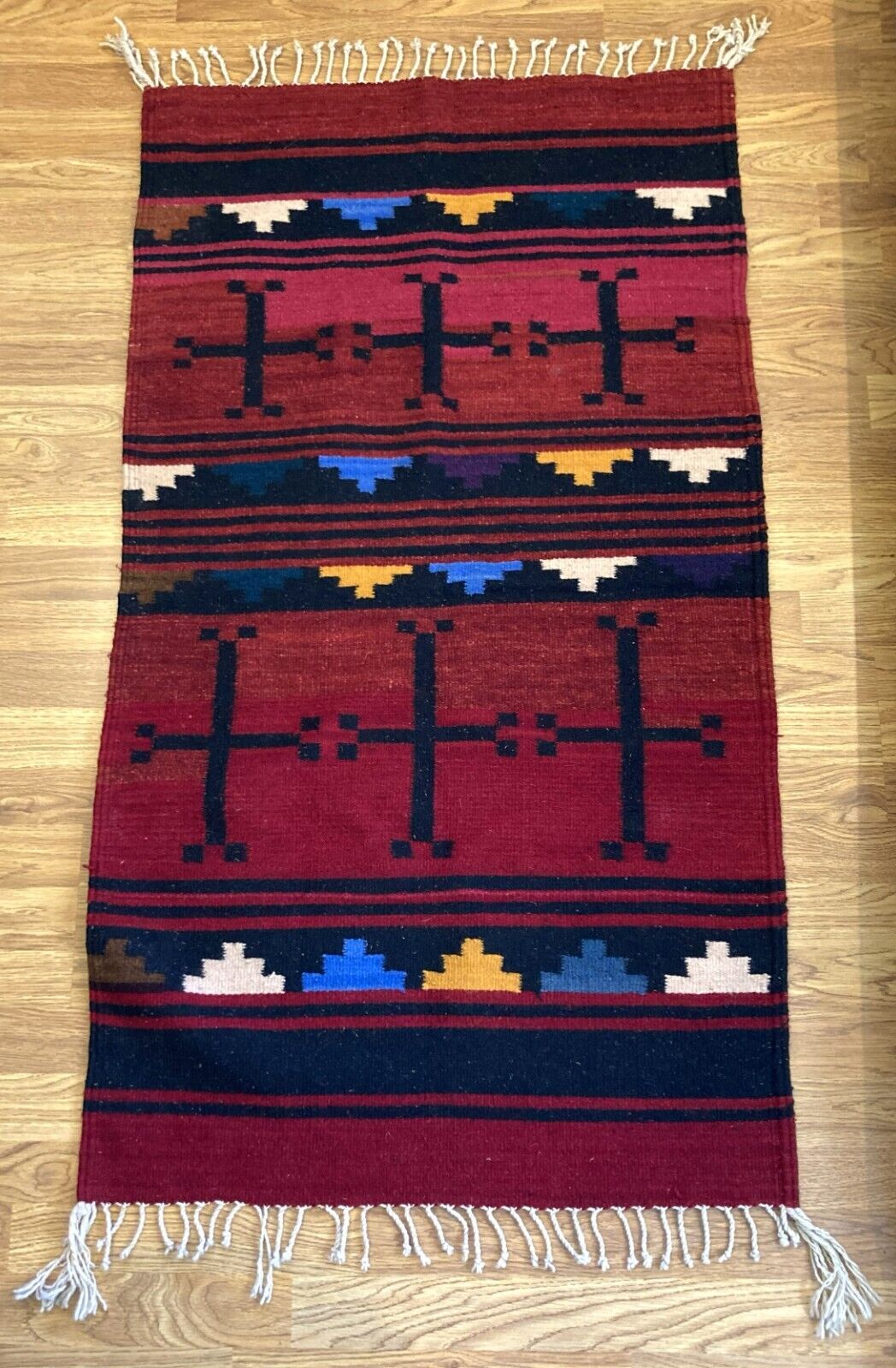 Vintage Mexican Zapotec Area Rug 52 X 29 Hand Woven Fringed Southwest Design Red