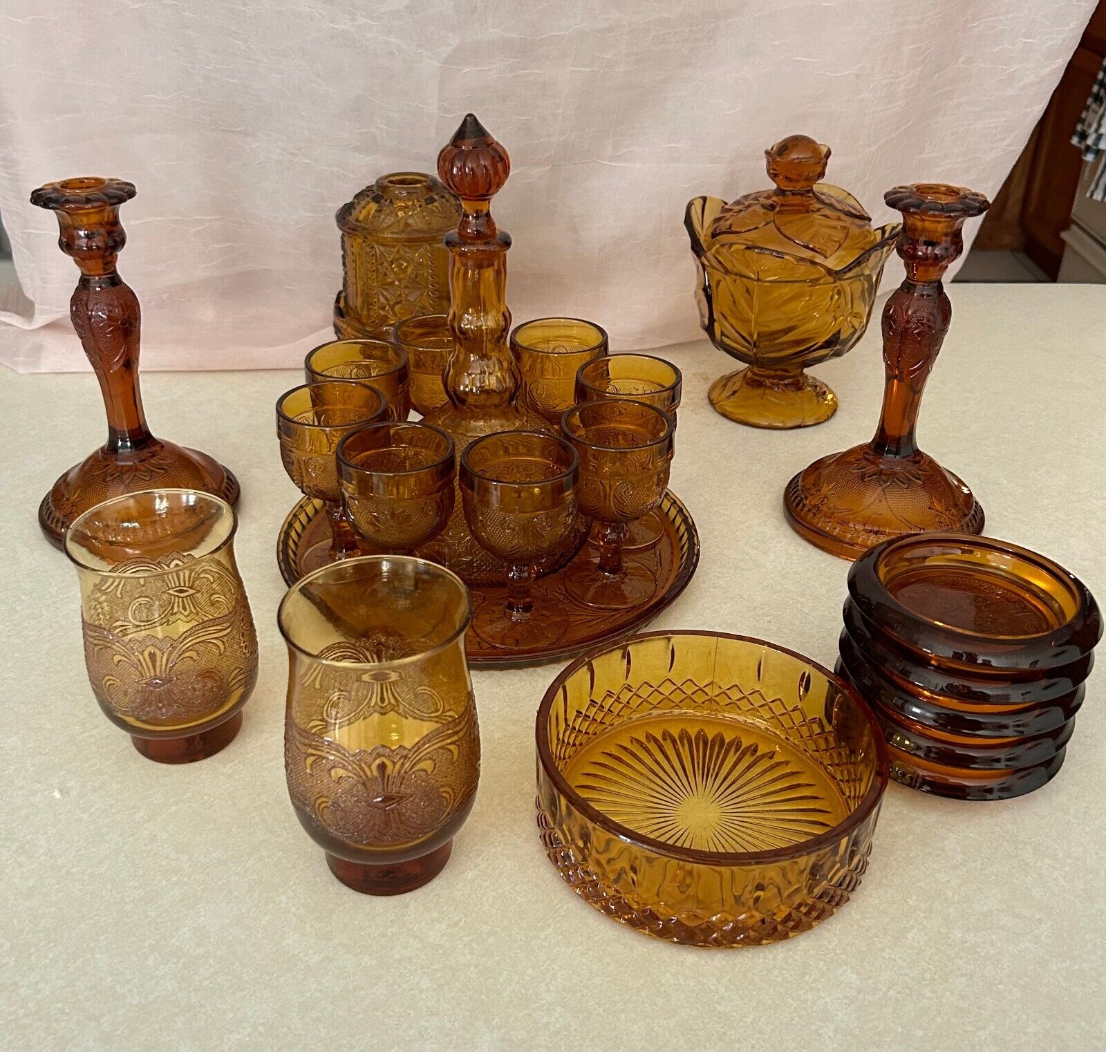 Vintage set Amber Indiana Glass Decanter set / 25 Pieces