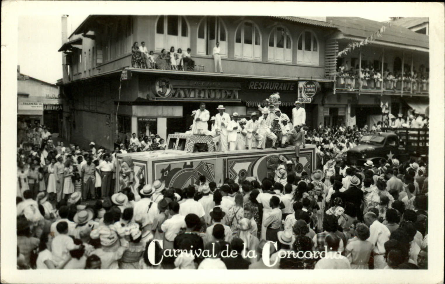 RPPC Carnival de la Concordia Panama parade ~ Lucky Strike ~ real photo postcard