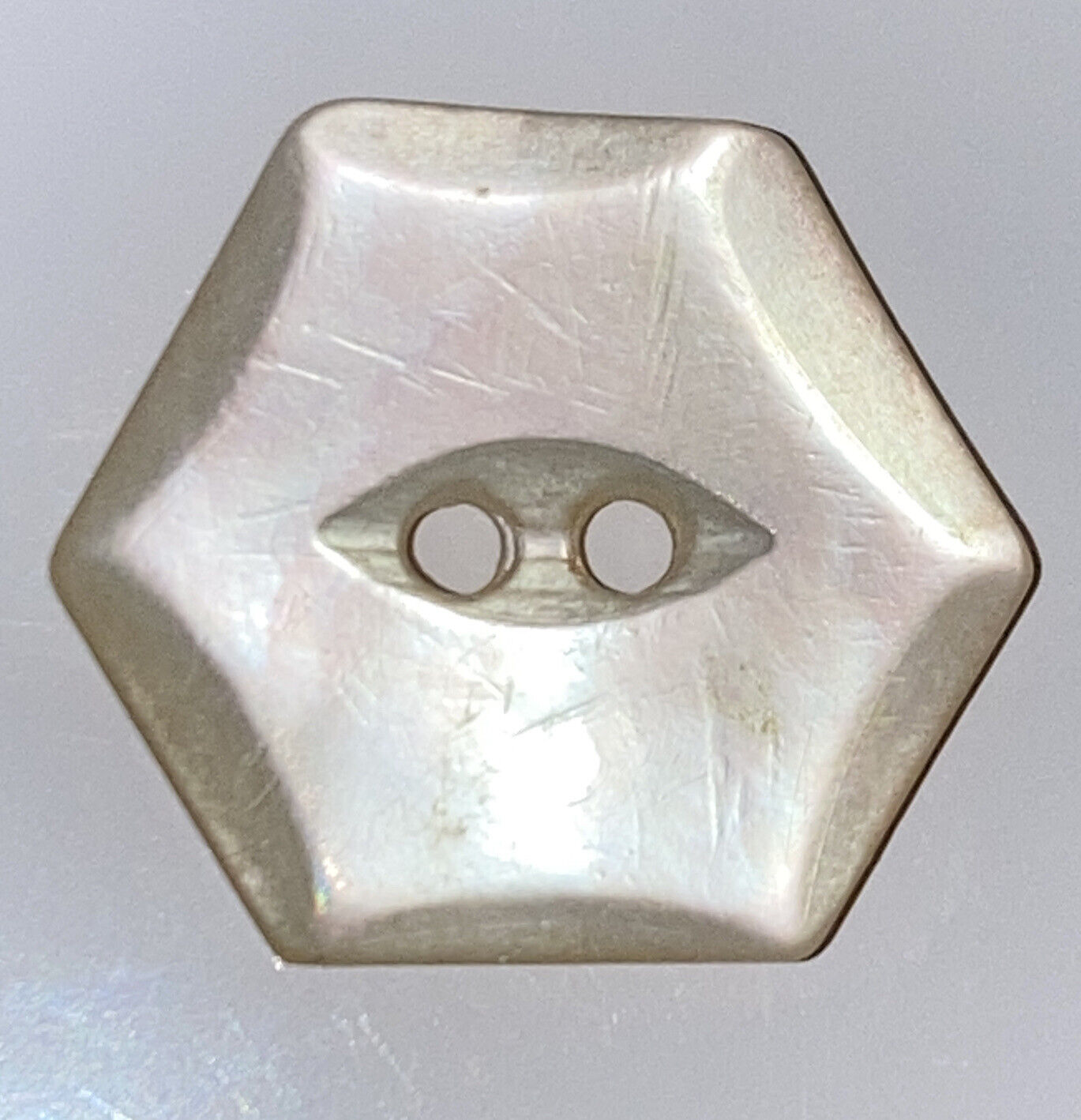 Vintage White Pearl Round Button 2 Hole Eye Center Hexagon Carved Edge 11/16\