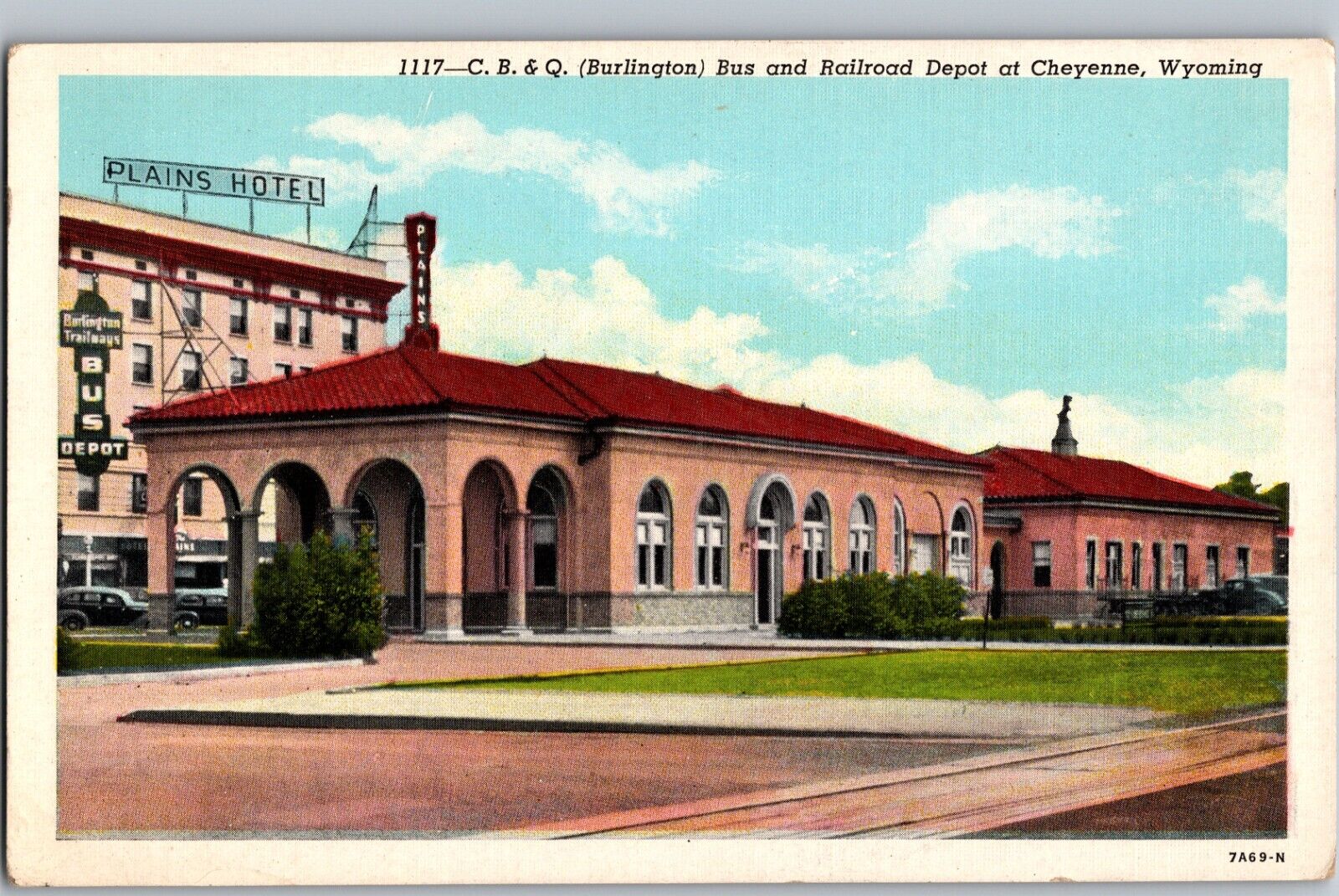 C B & Q Burlington Bus & Railroad Depot Plains Hotel Cheyenne WY C1915 Postcard