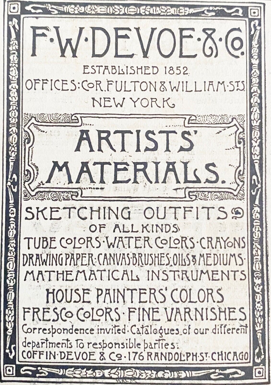 Antique1887 DEVOE&CO Art Nouveau Typography Print Ad for Sketch Artist Materials