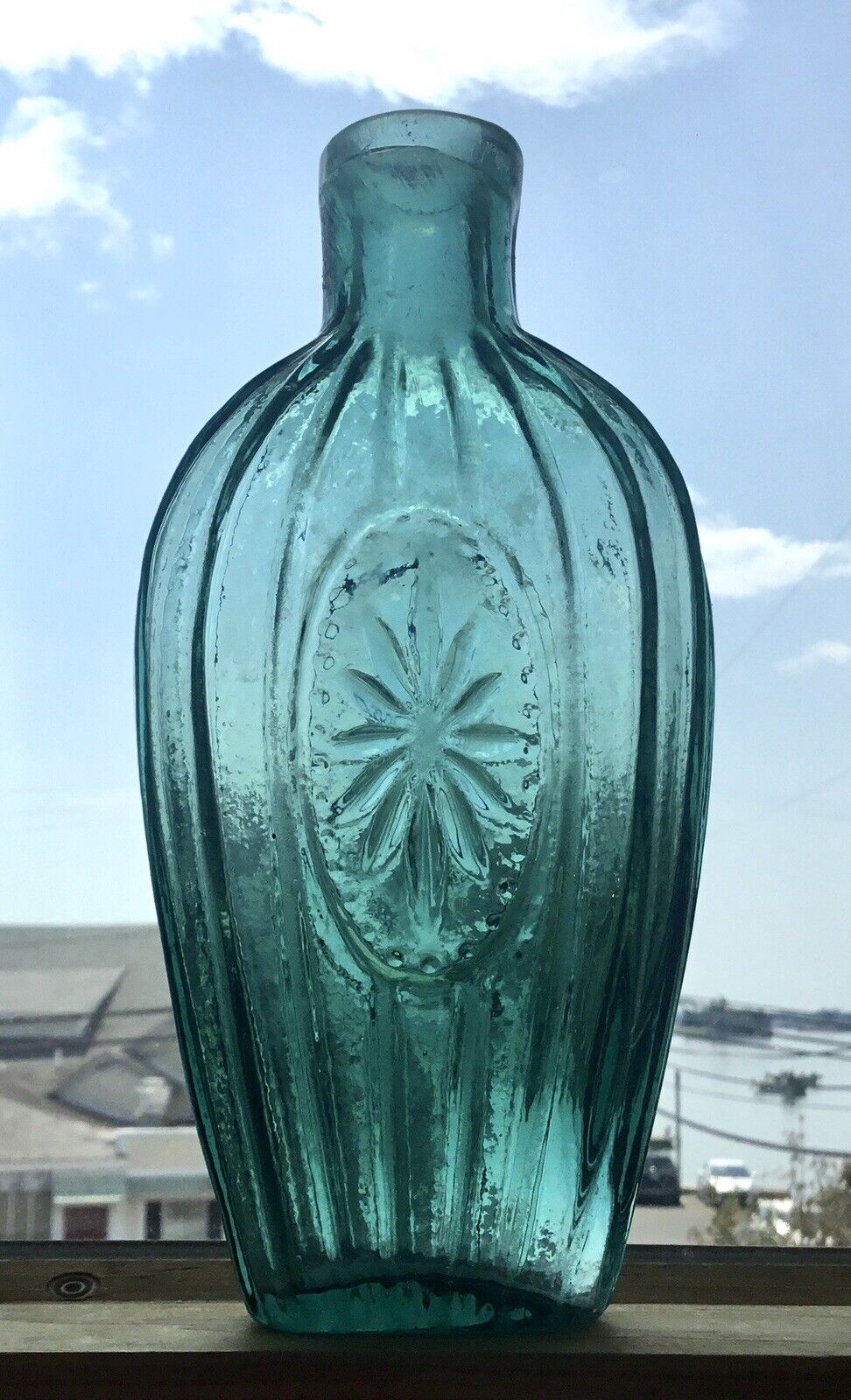 ANTIQUE 19thC EARLY AMERICAN HISTORICAL BLOWN GLASS FLASK