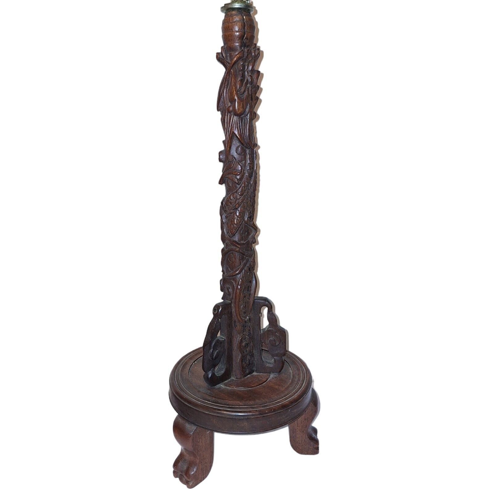 Antique Chinese Carved Hardwood Dragon Chasing The Pearl Light Bulb Table Lamp