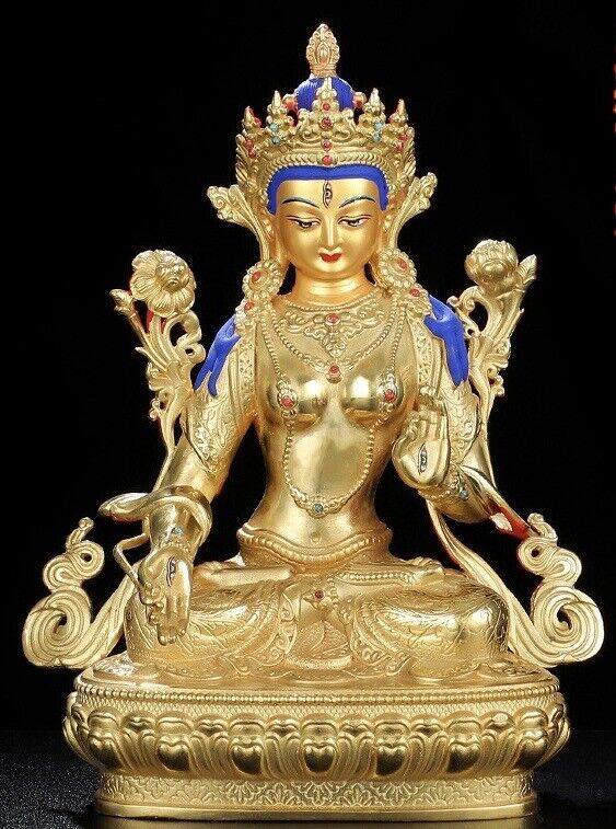 9” Nepal Tibetan Gilt  White Tara Buddha Statue