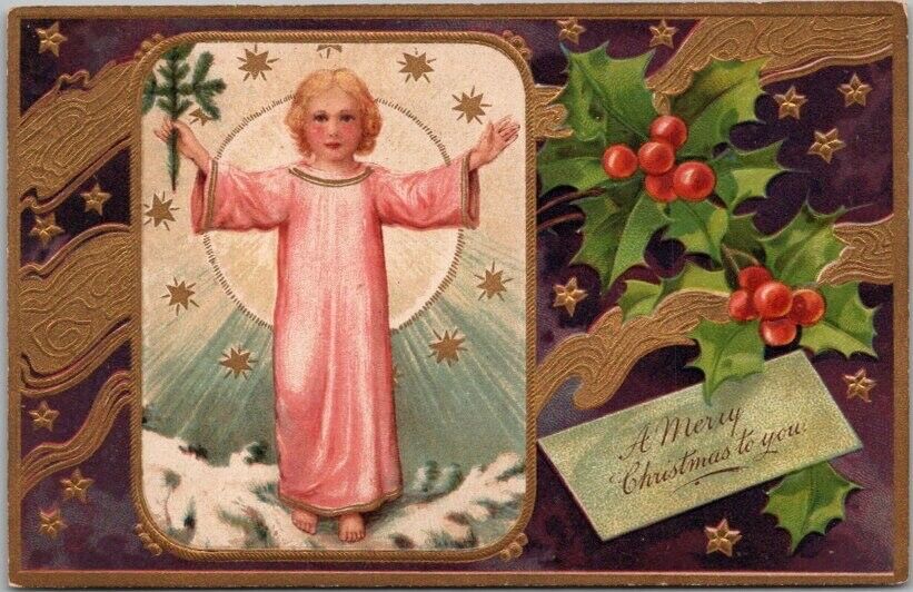 Vintage 1909 CHRISTMAS Embossed Postcard Angel in Pink Gown / Holly - Zimmerman