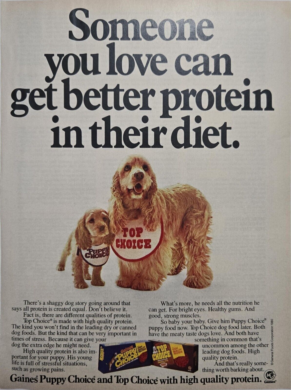 1980 Gaines Puppy Choice and Top Choice Dog Food Ad