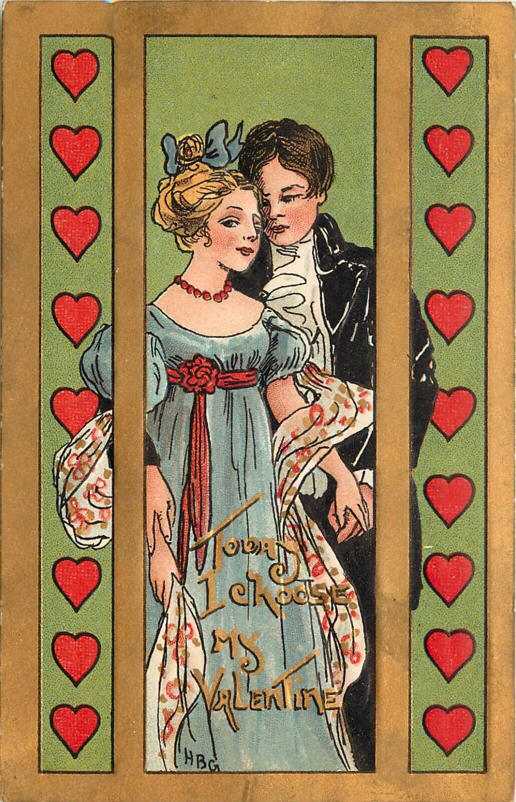 H.B.G. Embossed Valentine Postcard 2248 Elegant Young Couple, Hearts Border
