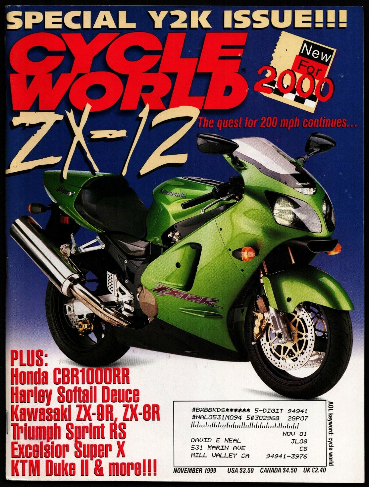 NOVEMBER 1999 CYCLE WORLD MAGAZINE, KAWASAKI ZX-12, HONDA CBR1000RR, HD SOFTAIL