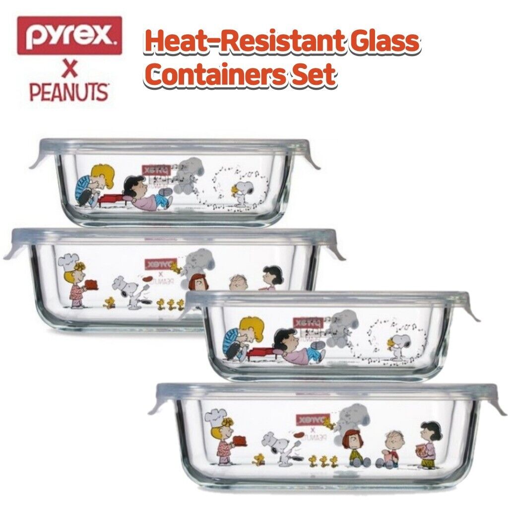 Pyrex Peanuts Snoopy Glass Storage Heat Resistant Containers Rectangular 4p Set