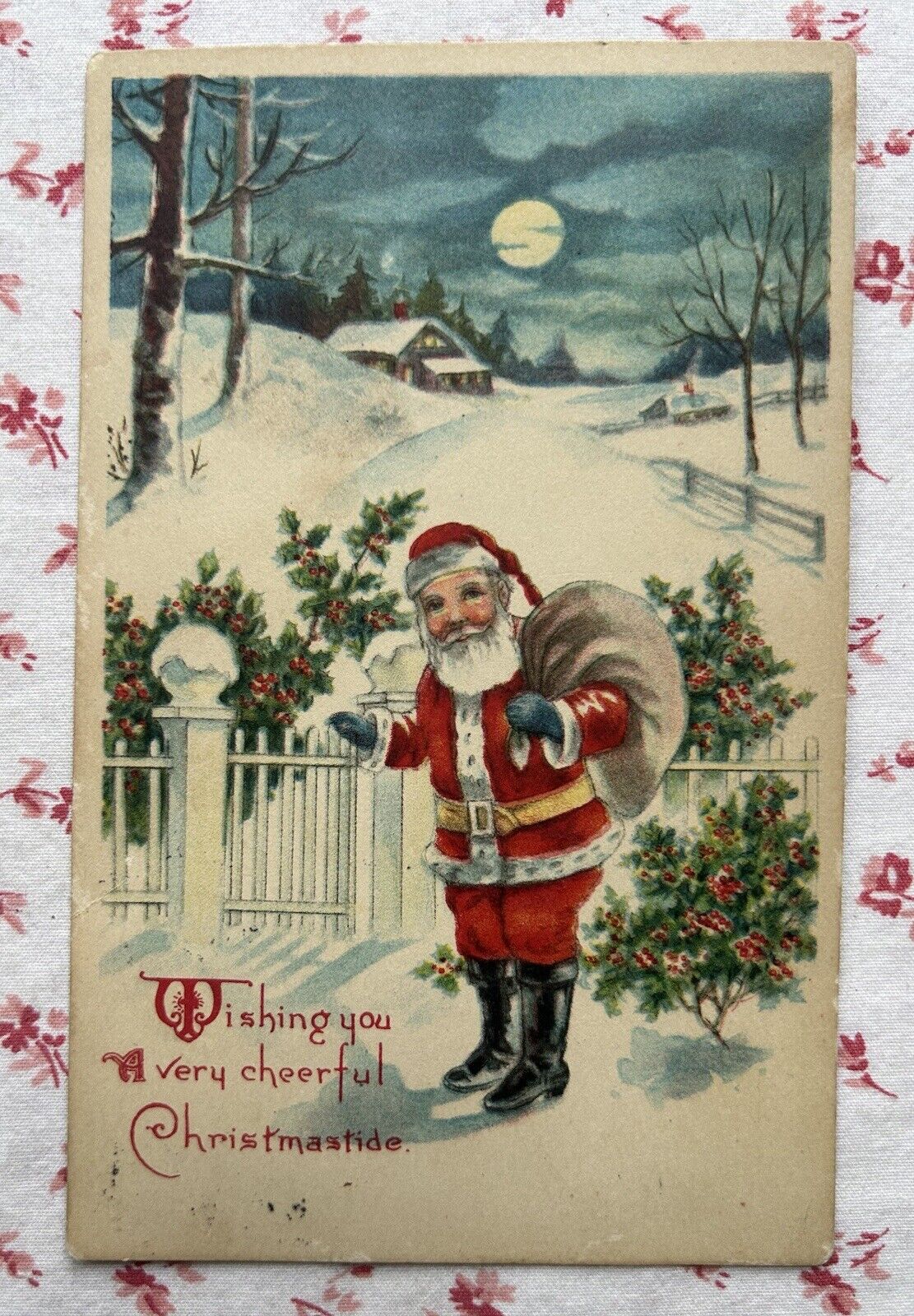 Vintage 1917 Christmas Santa Claus Snowy Picket Fence Full Moon Postcard