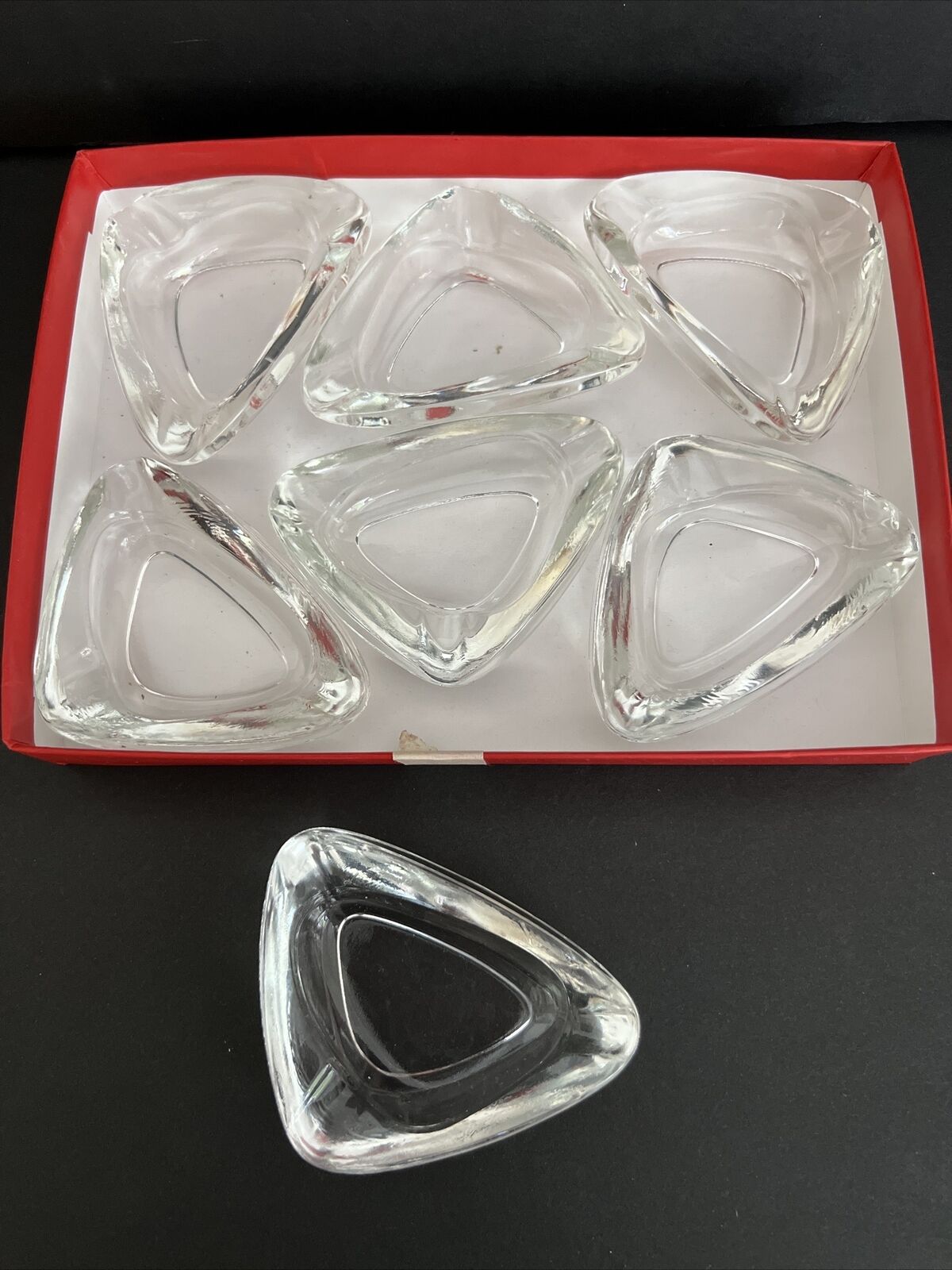 Vintage MCM Art Glass Clear Crystal Ashtray Triangle Individual Salt Cellar EUC