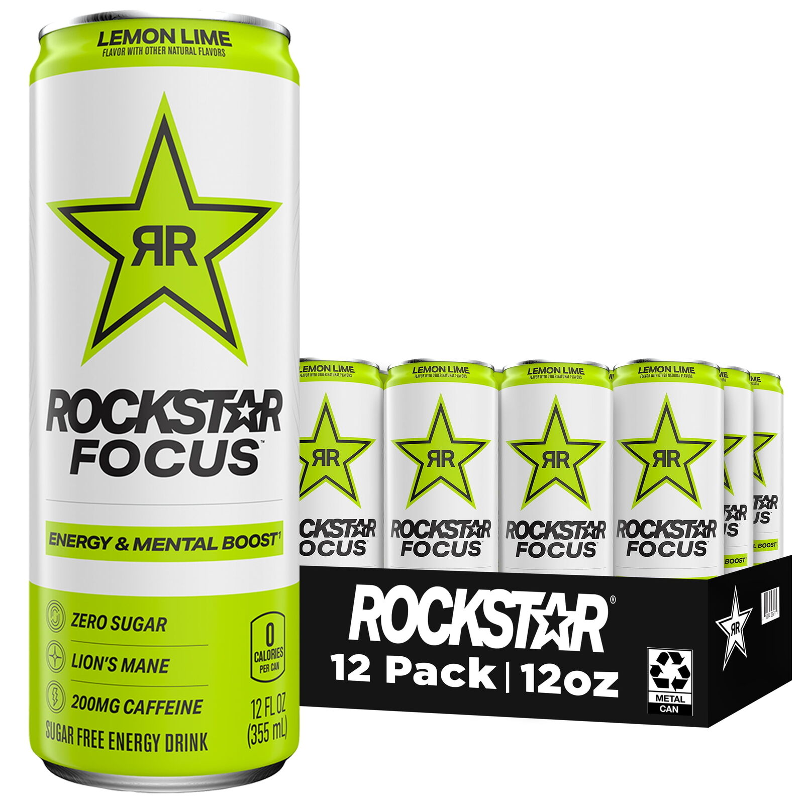 Rockstar Focus Zero Sugar Energy Drink, Lemon Lime Flavor, Lion’s Mane
