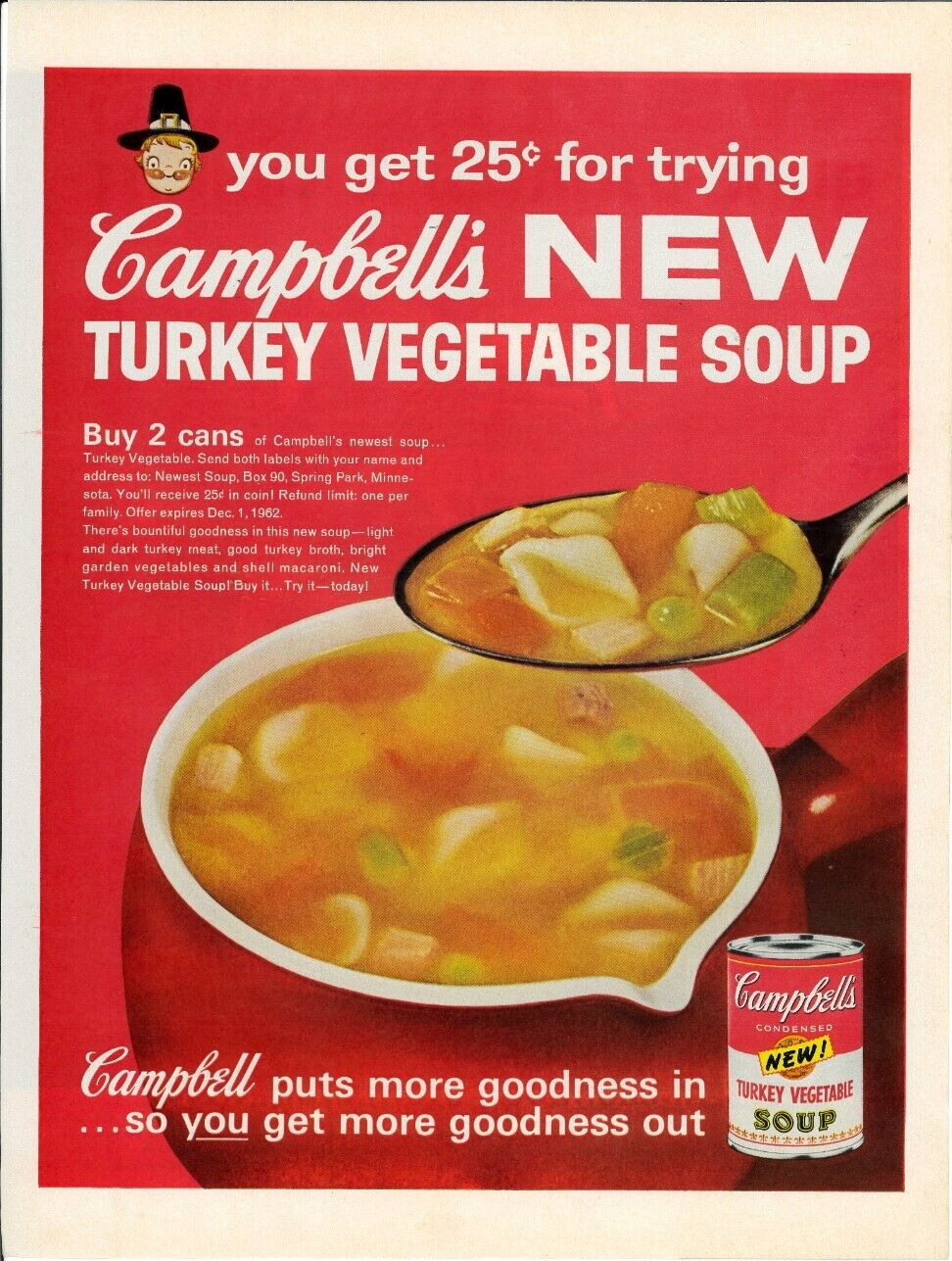 1962 CAMPBELL\'S Soup Turkey Vegetable Thanksgiving Can Pilgrim Vintage Print Ad