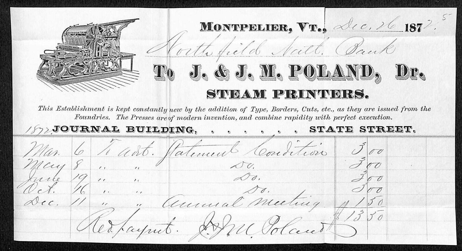 Montpelier, VT J. & J.M. Poland 1872 Steam Printers Billhead VGC Scarce