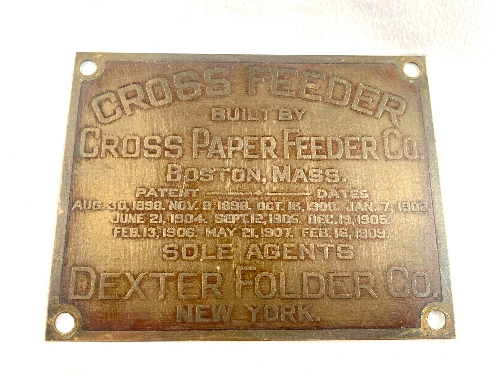 Antique - Cross Feeder Paper Feeder Co. Boston MA - Brass Plaque Badge Plate