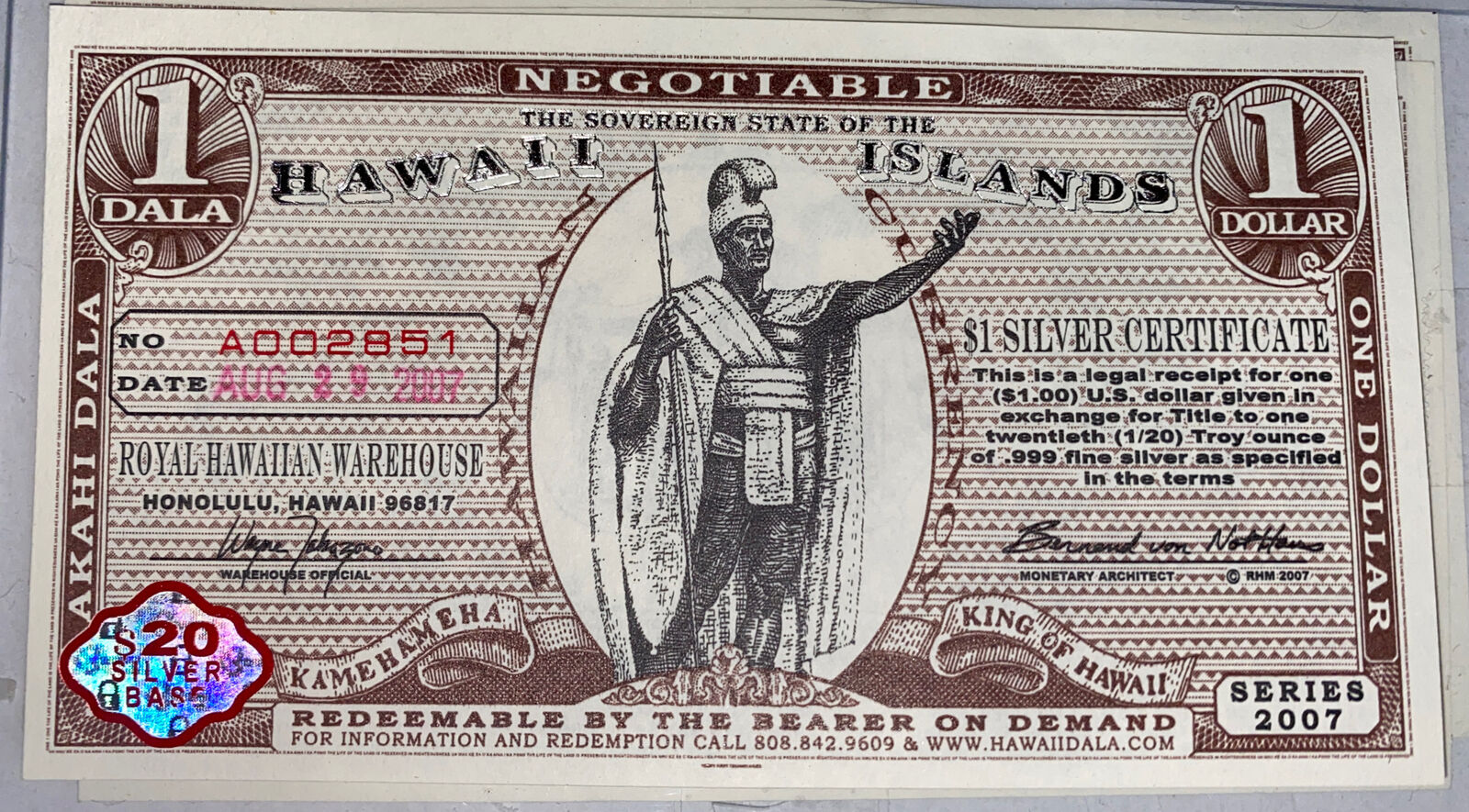 Rare 2007 Hawaii Islands  $1 Silver Certificate Honolulu Warehouse