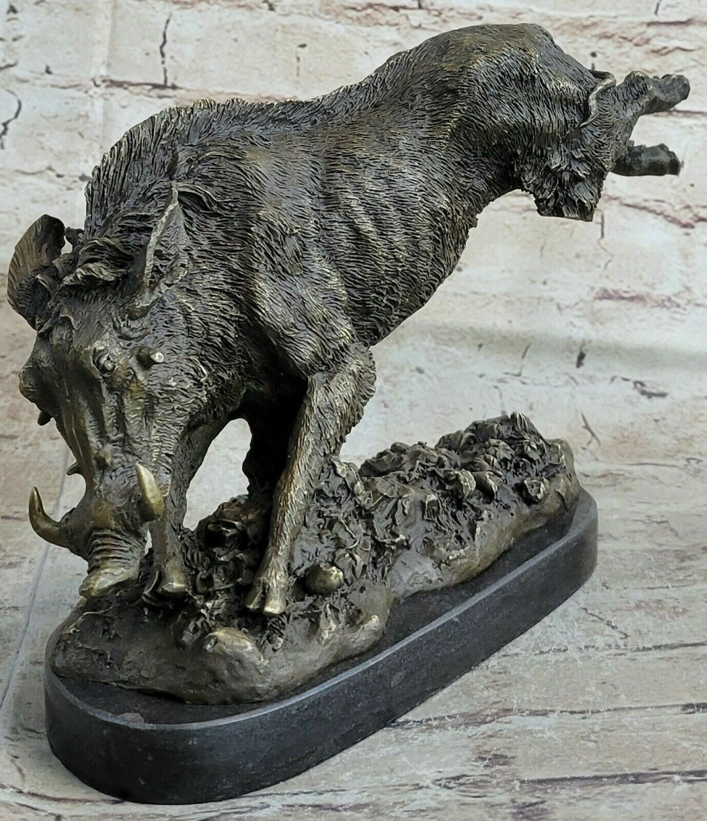 China Chinese Marble Base Bronze Wild Animal Boar Pig Figure Statue Sculpture NR