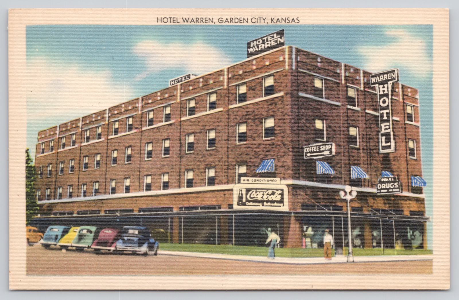 Postcard Garden City, Kansas Hotel Warren, Old Cars, Coca Cola Sign, Linen A687