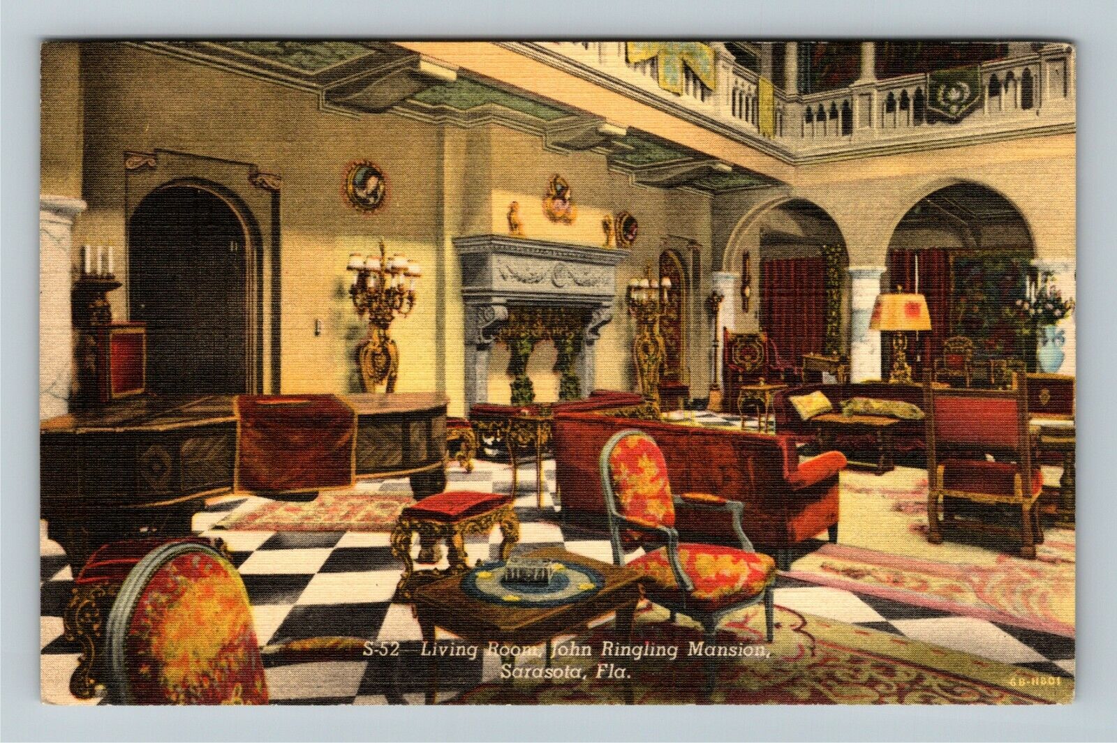 Sarasota FL-Florida,John Ringling Living Room,Piano,Mantle, c1949Postcard