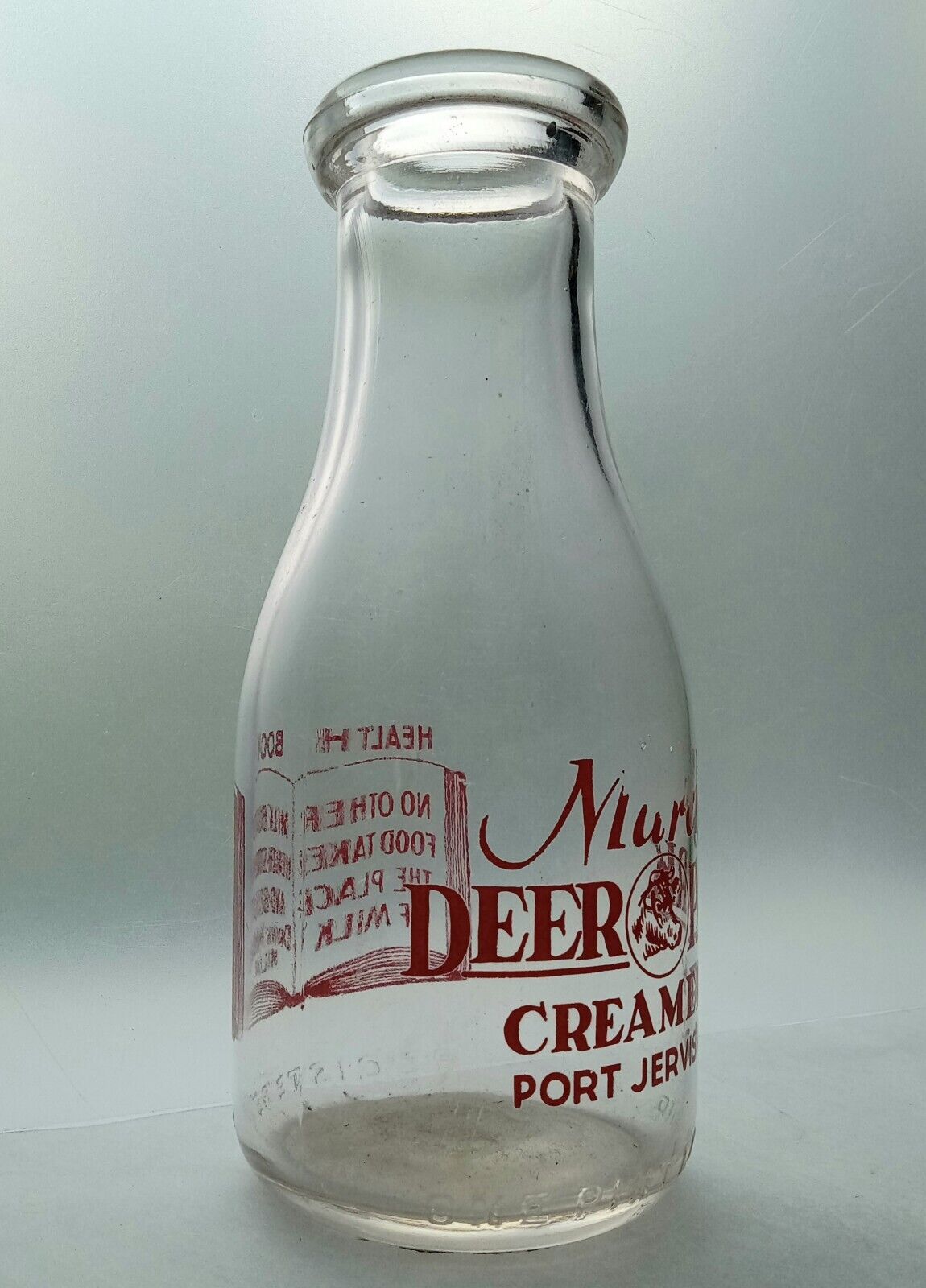 RARE Milk Bottle MARCH\'S DEER PARK CREAMERY PORT JERVIS, NY Health Book Pyro 1Pt