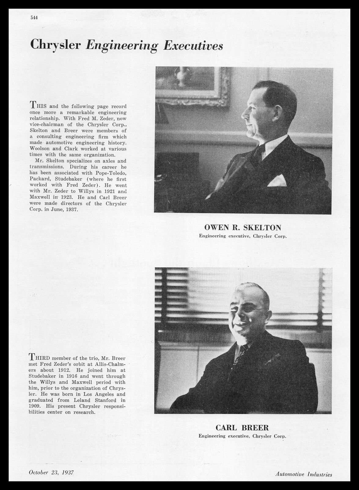 1937 Chrysler Owen Skelton & Carl Breer Engineering Executives Profiles Print Ad