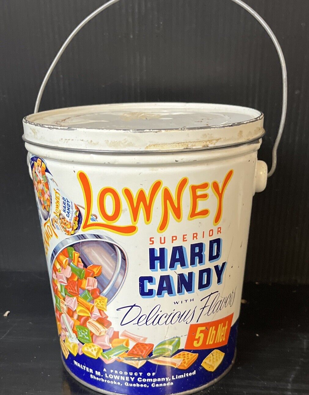 Vtg Colorfull 1950s Lowney\'s Superior Hard Candy 5 lbs Tin Can Pail