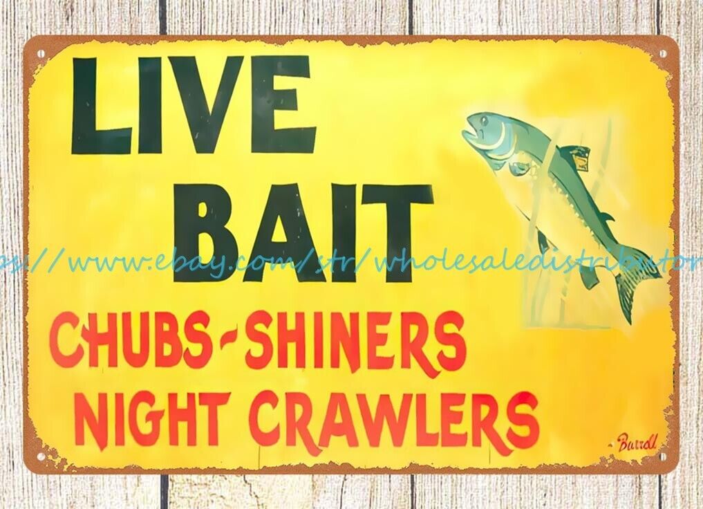 1940s live bait fishing shop chubs shiners night crawlers metal tin sign