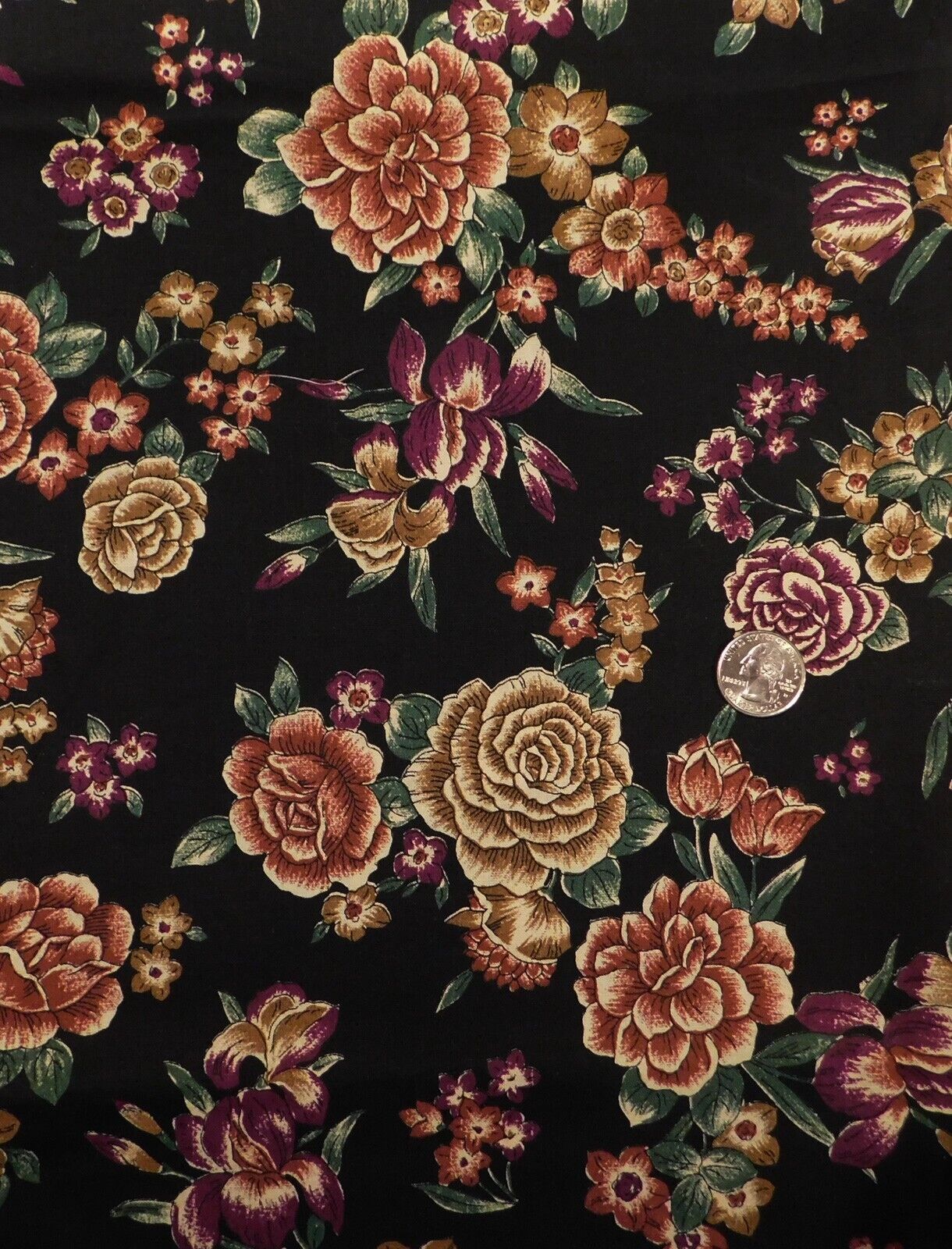 M545 Fabric Black Purple Rust Gold Roses Floral Cotton 2 Yards 12\