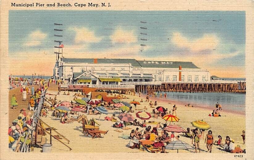 Postcard NJ: Municipal Pier & Beach, Cape May, New Jersey, Vintage Linen 1949