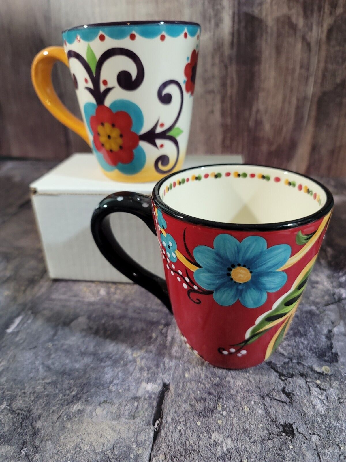 Set Of 2 Vintage Bella And Emily Mugs By Home Accents Bold Pattern collectable