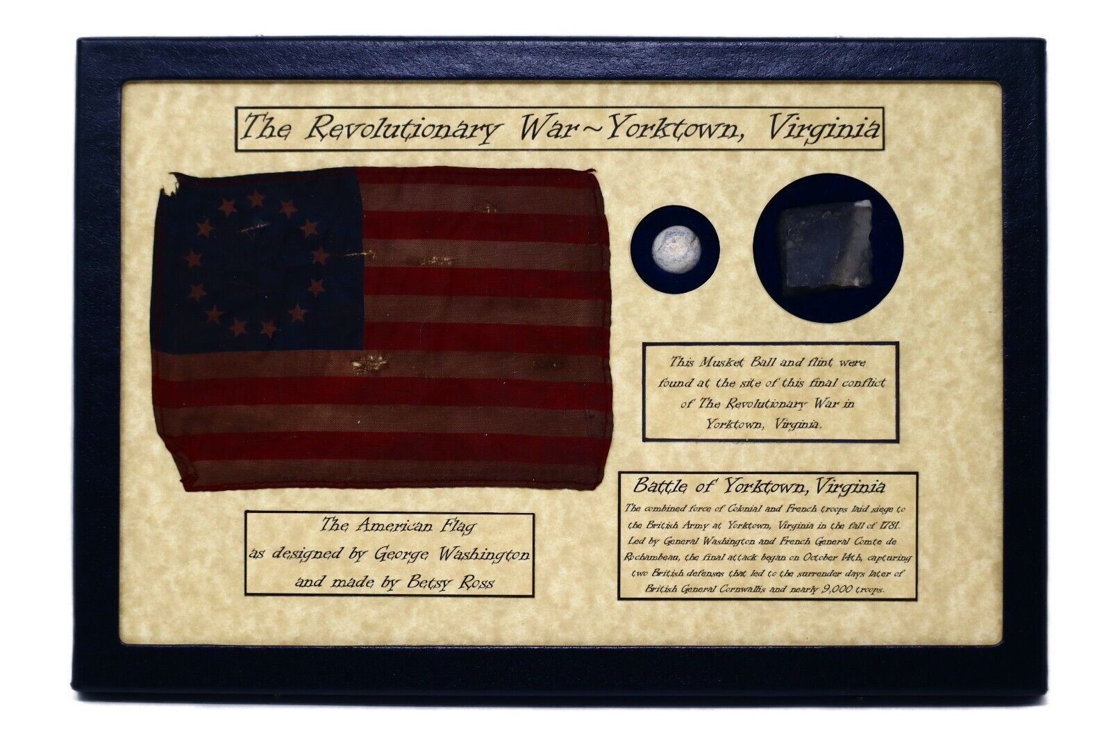 Revolutionary War Bullet & Flint from Yorktown, VA in 8x12 Display Case with COA