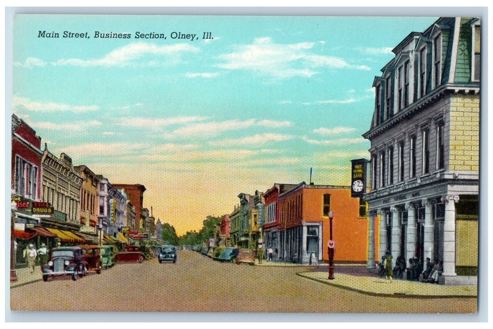 Olney Illinois IL Postcard Main Street Business Section Drugs Bank Cars c1930\'s