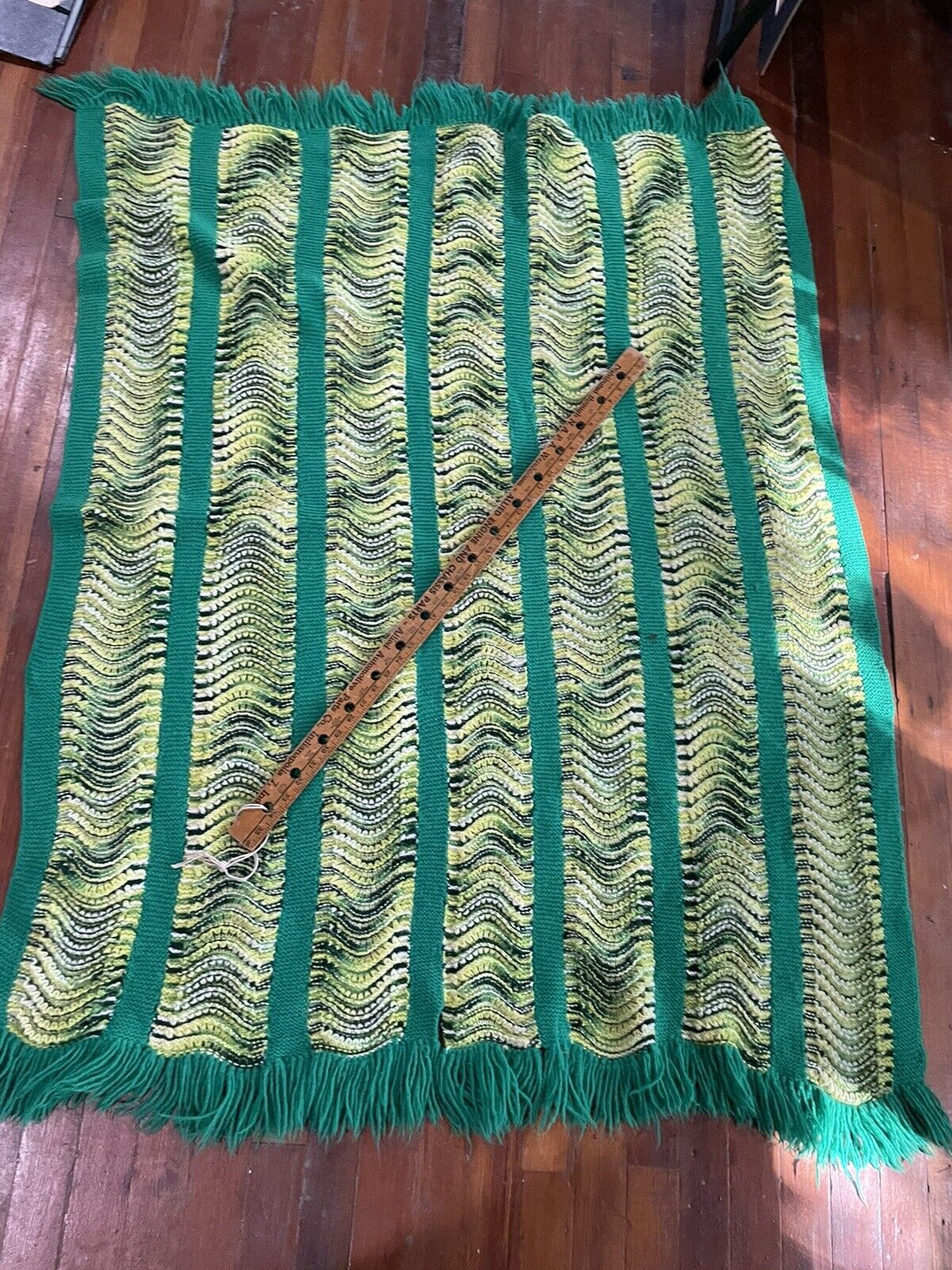 Vintage 70s Crochet Afghan 46” X 62” Green Ripple Wavy Vertical Stripe FRINGE