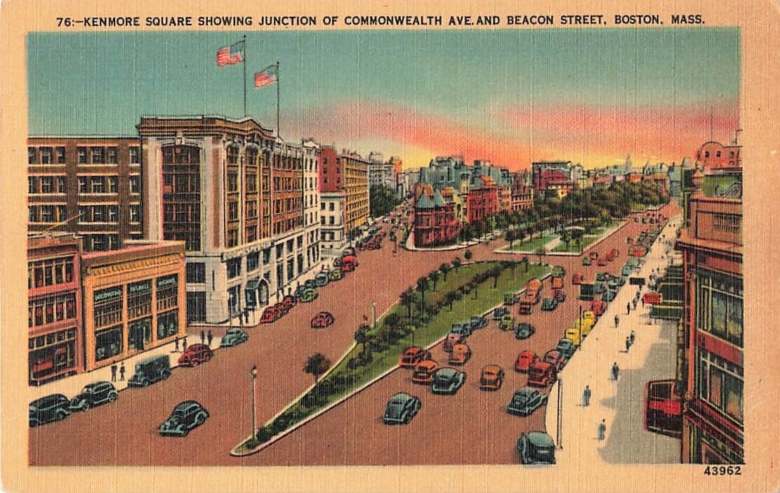 Postcard Kenmore Square Commonwealth Ave Beacon Street Boston Massachusetts