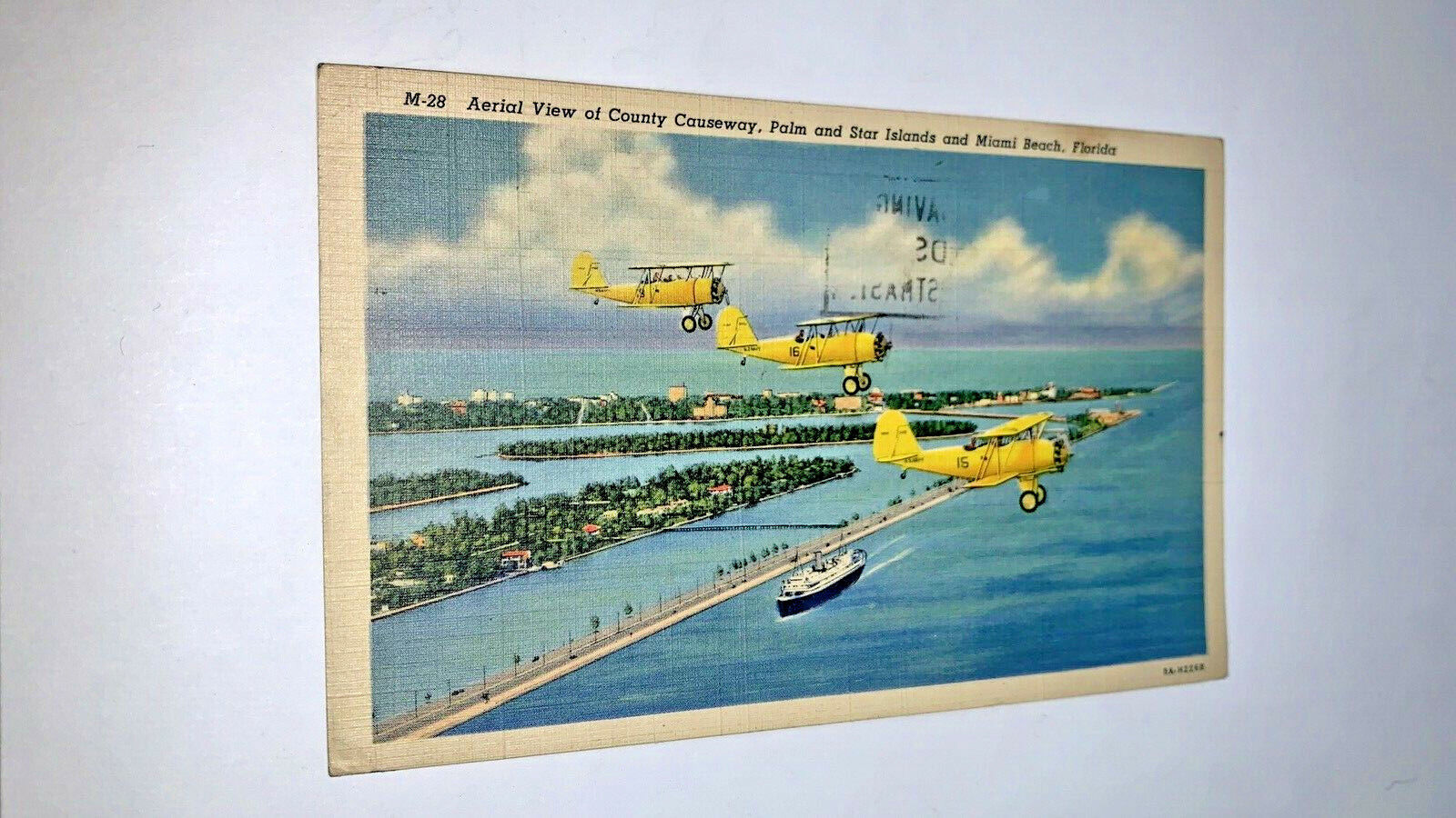 Postcard PALM & STAR ISLANDS & MIAMI BEACH FLORIDA YELLOW AIRPLANES, Ship 