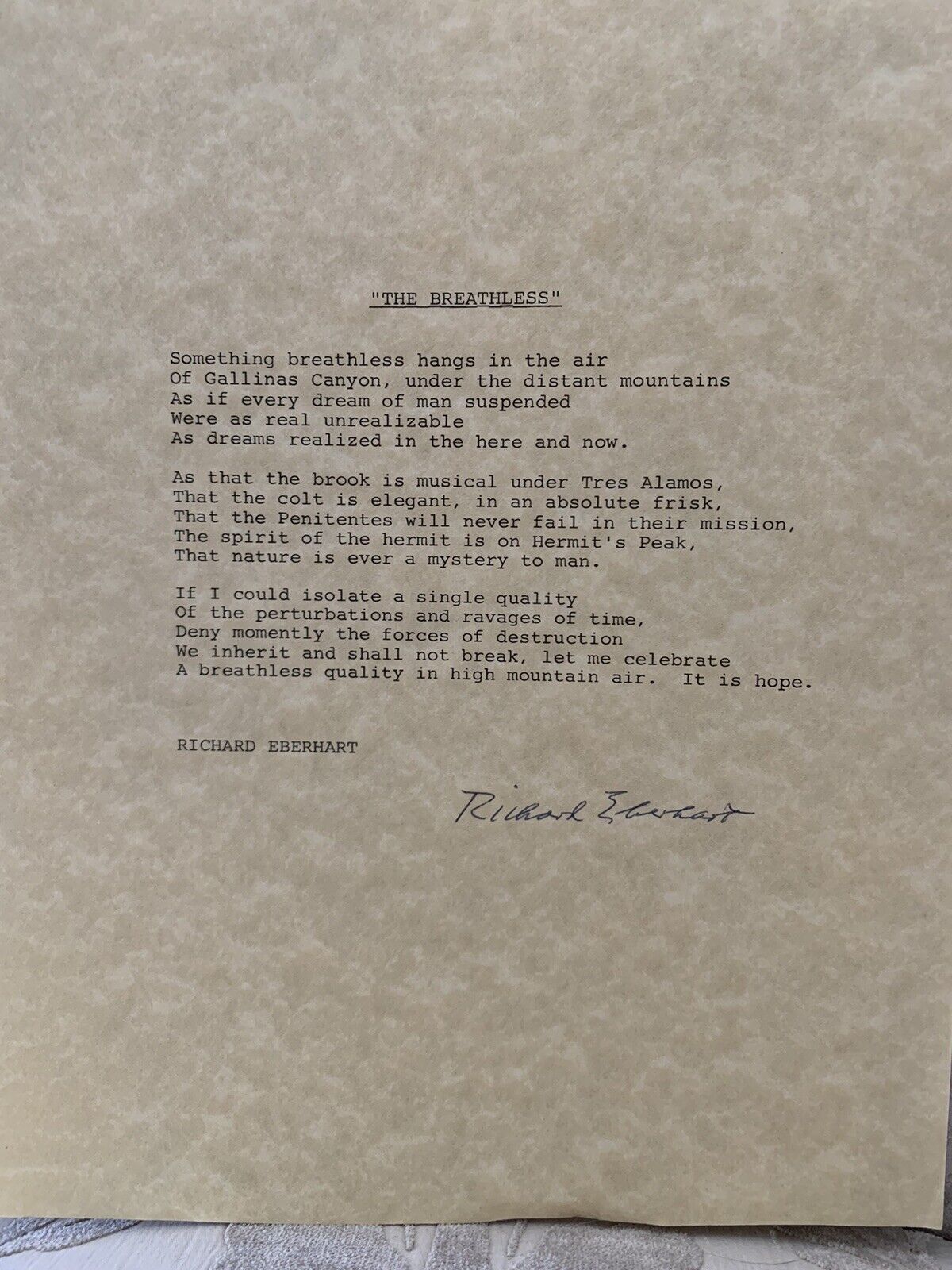Richard Eberhart American Poet Signed Poem The Breathless