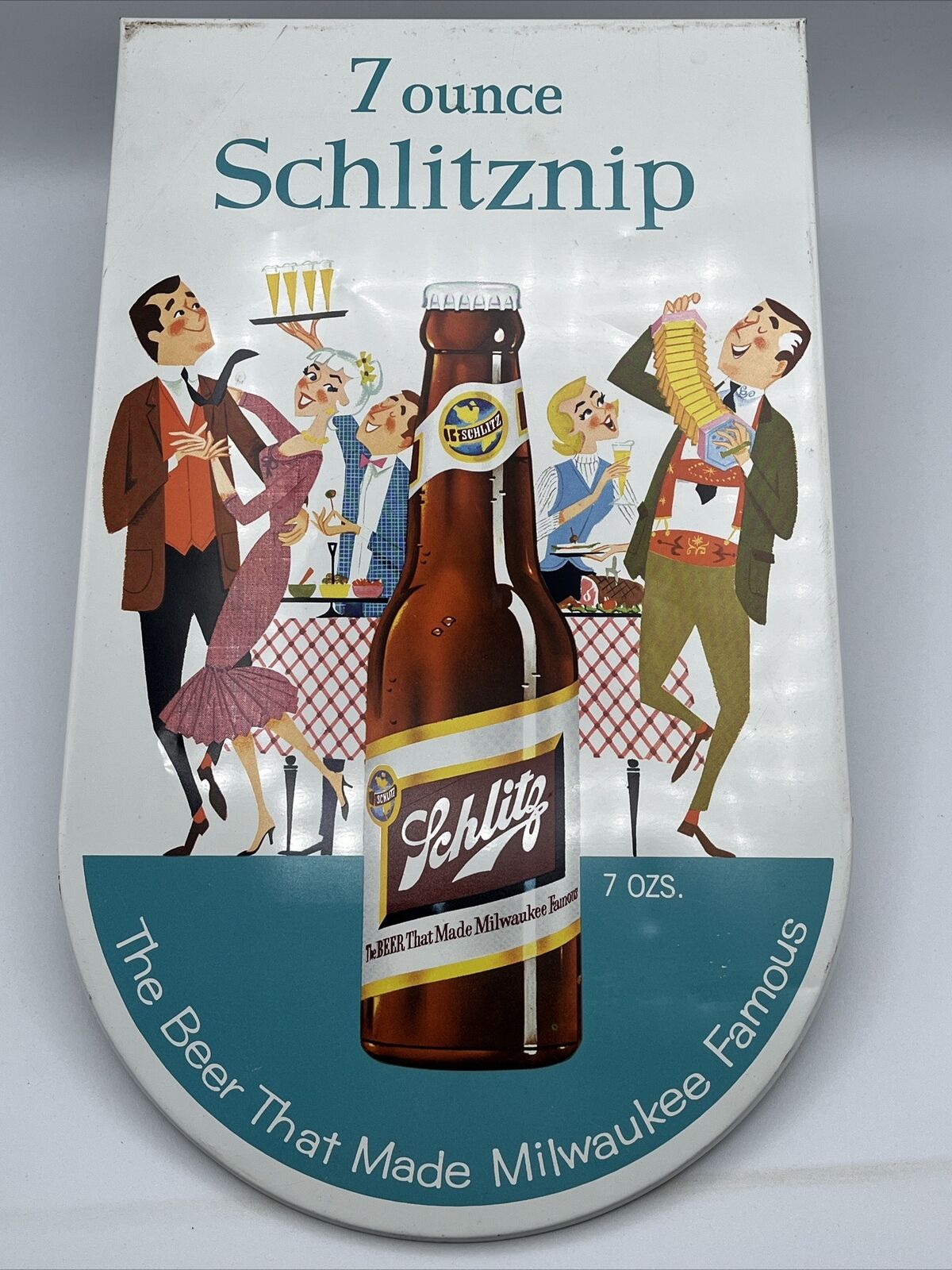 1958 Schlitz Schlitznip 7 Ounce Bottle Party Scene Tin Metal Beer Sign Very Rare