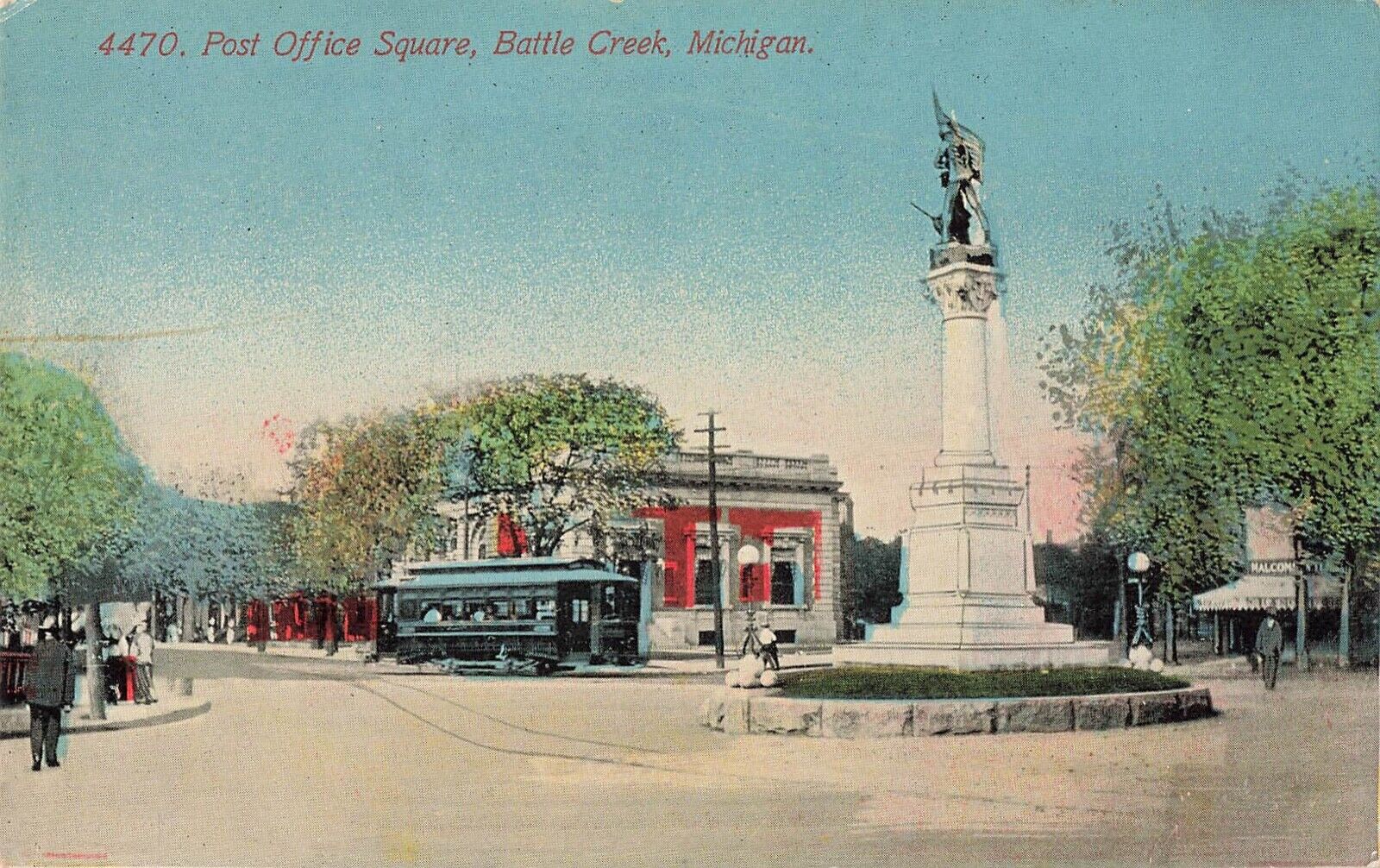 Battle Creek, Michigan Postcard Post Office Square Trolley About 1907        QQ