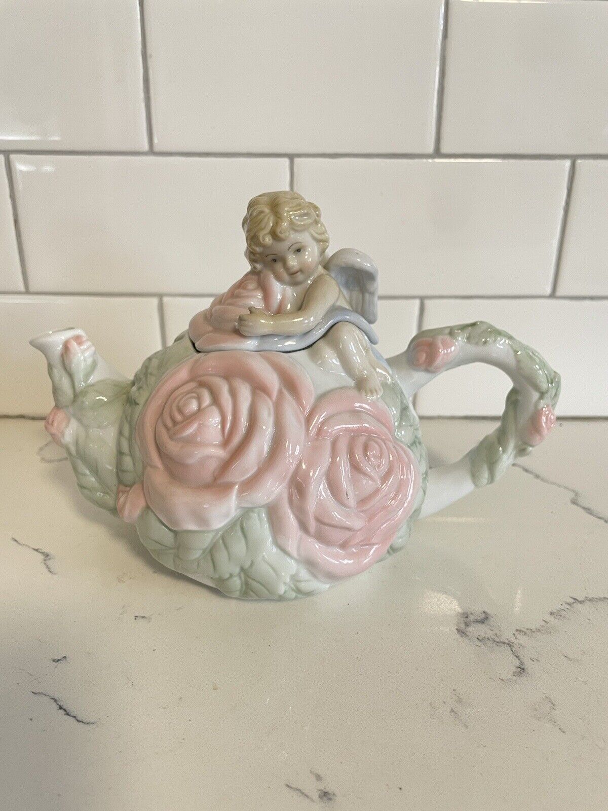 Avon Ceramic Teapot Angel Cherub Pink Roses Floral Pink White Green Tea Pot