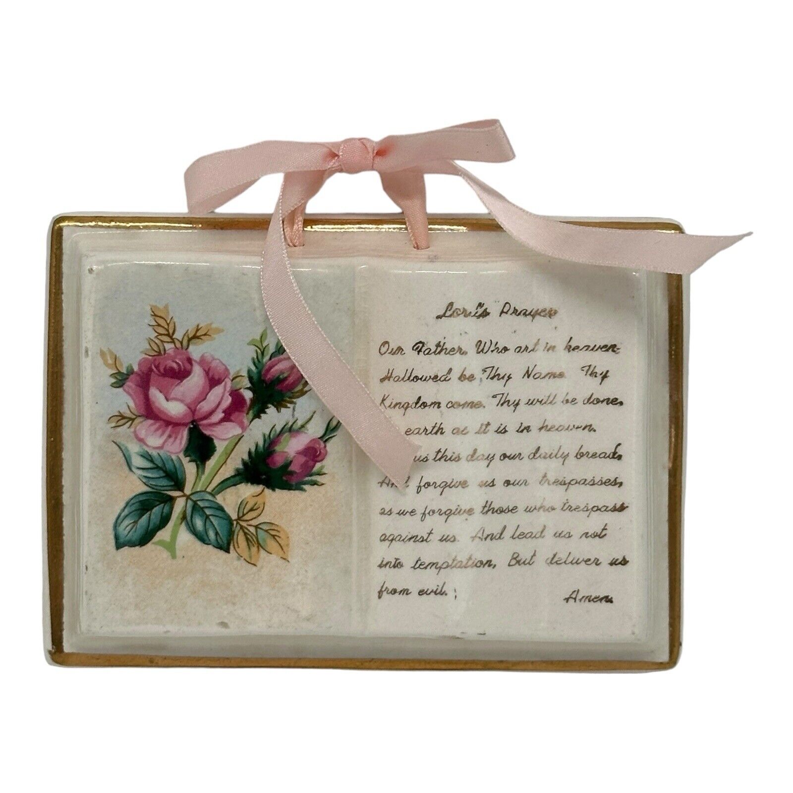 Vintage Lord\'s Prayer Ceramic Wall Hanging Plaque Rose Flowers  Open Book  Napco