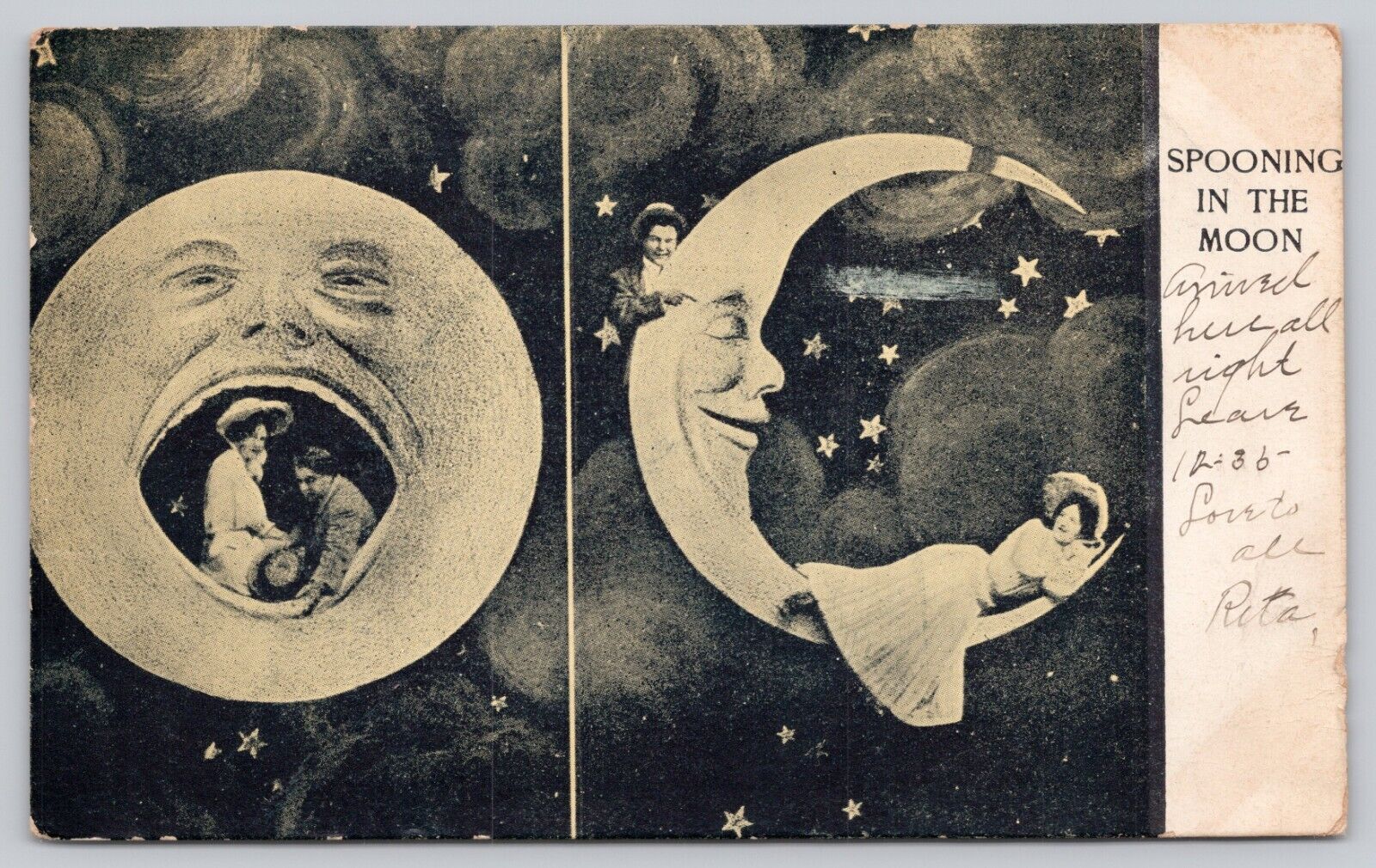 Vintage Postcard Spooning In The Moon 1907 Couple Romance
