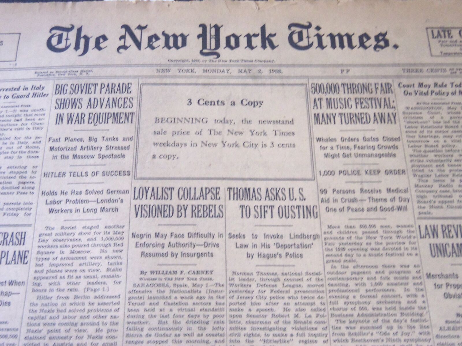 1938 MAY 2 NEW YORK TIMES - 500,000 THRONG FAIR PREVIEW - NT 6243