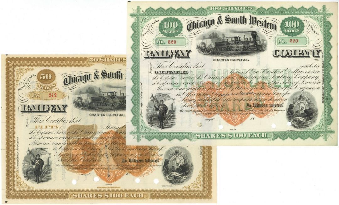 1870\'s dated Pair of Chicago & South Western Railway Co. Stock Certificates - Se
