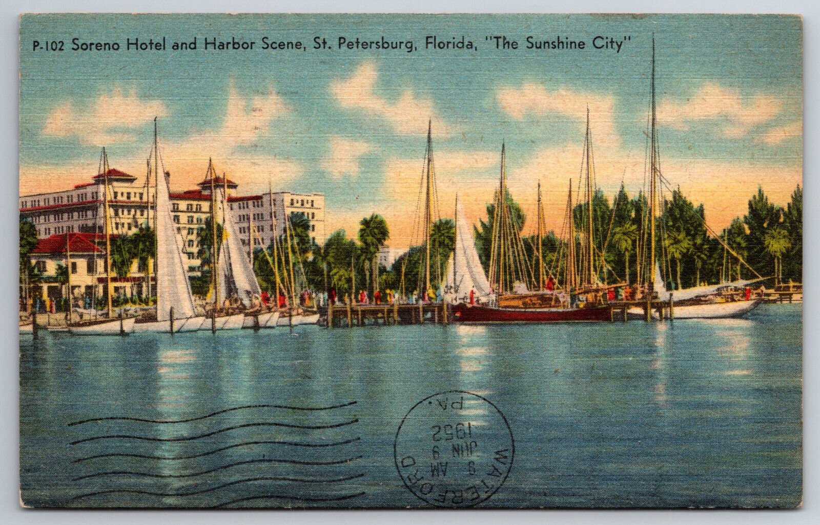 Vintage Postcard FL St. Petersburg Soreno Hotel Harbor Scene Sailboats -6475