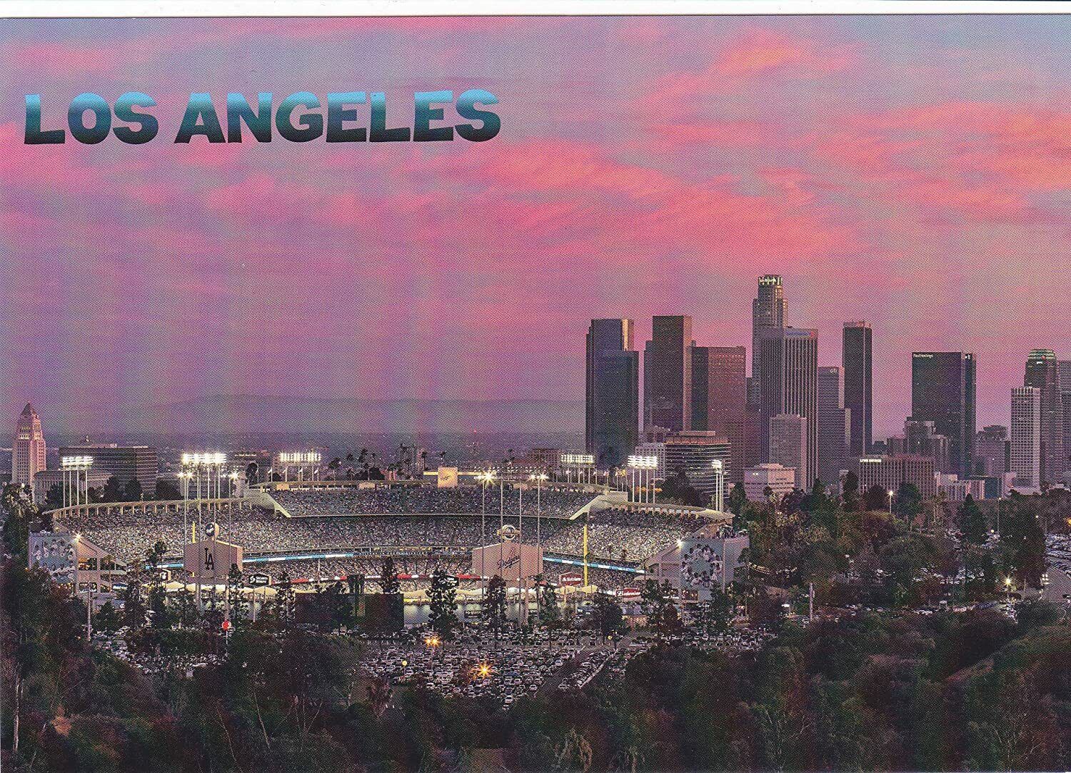 LA SKYLINE AT DUSK WITH   - One 1 Card  LA 1273 -  DODGER STADIUM IN FOREGROUND