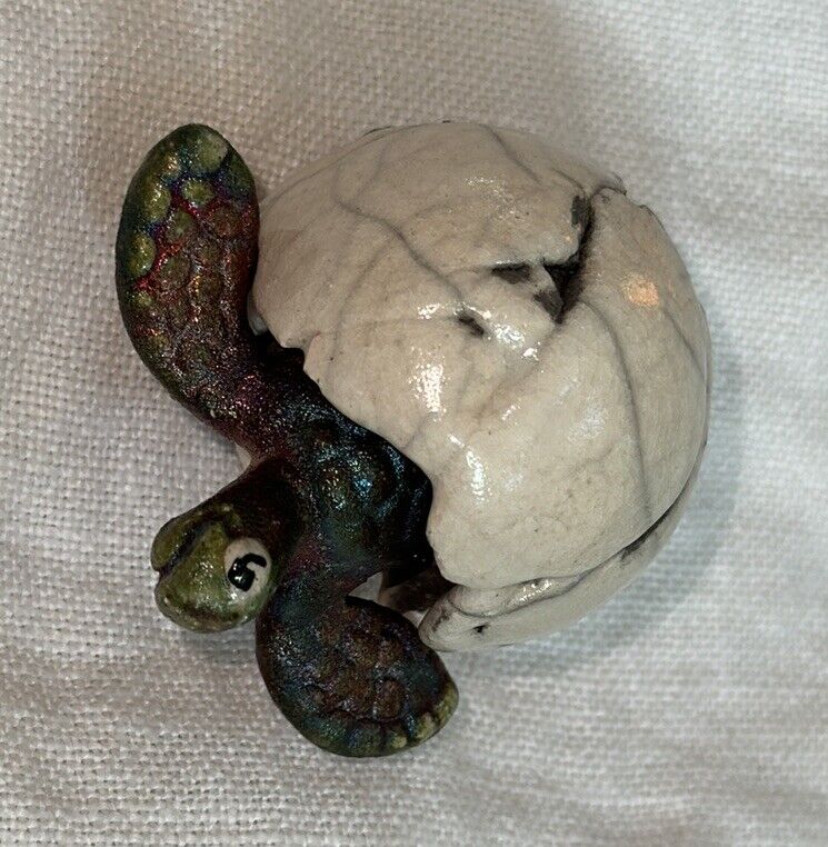 Sea Turtle Hatchling Jeremy Diller Raku Art Pottery Egg Figurine 2”