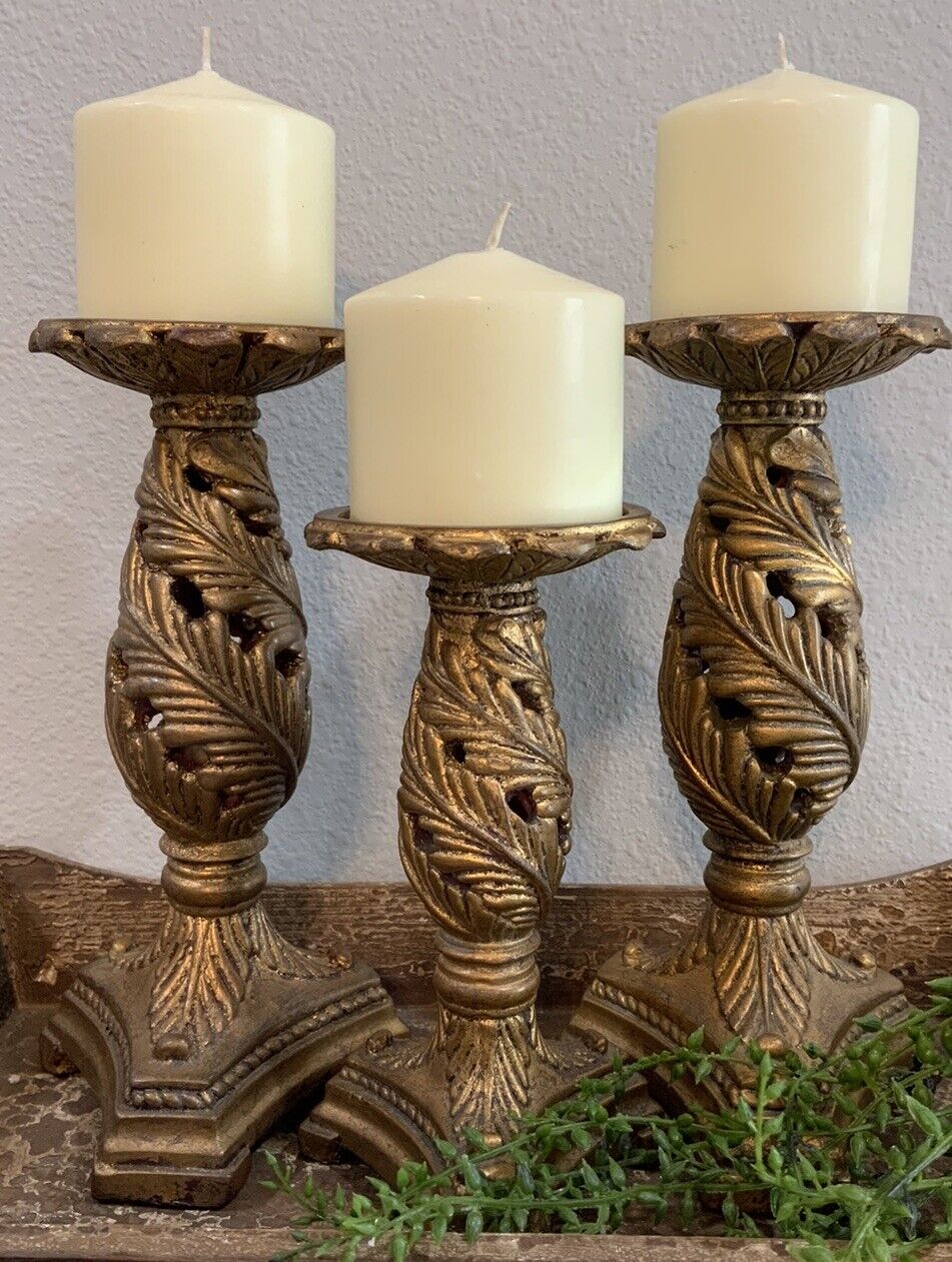 Vtg Ornate Resin Distressed Gold Acanthus Leaf Tiered Pillar Candle Holder Set