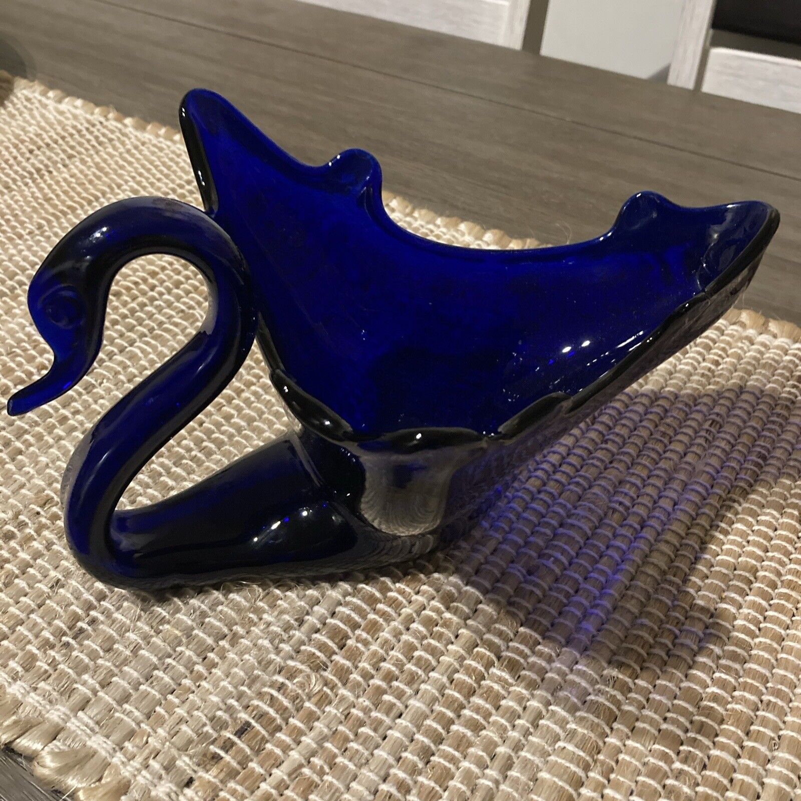 Vintage Blue Cobalt Glass Blown Swan   Centerpiece/Dish